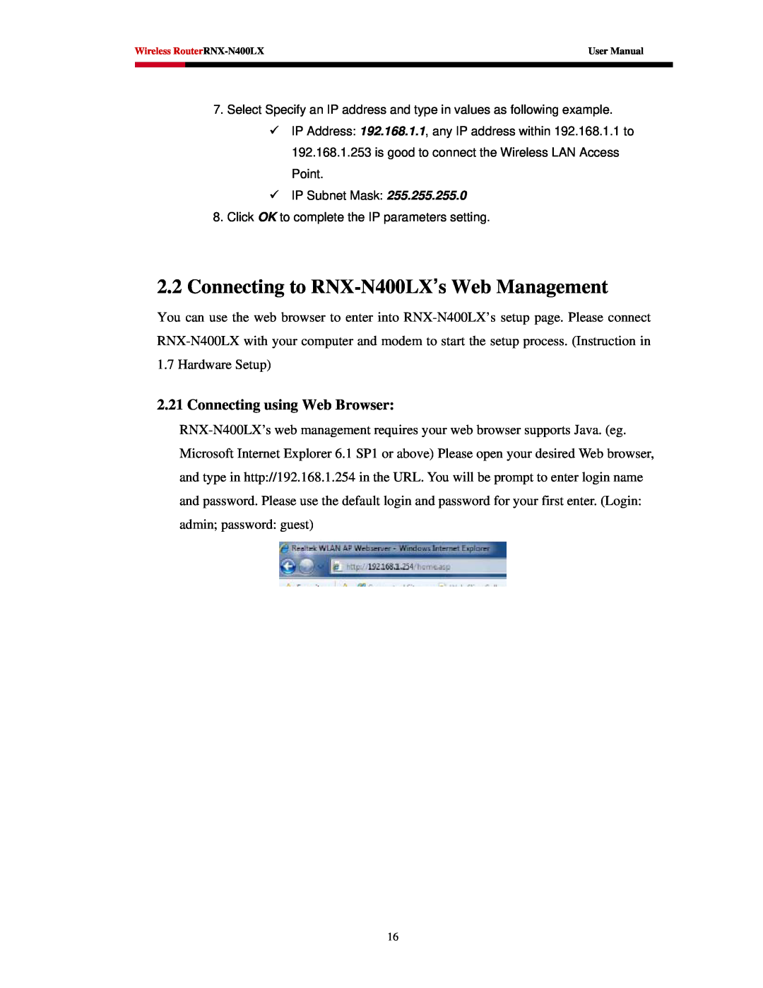 Rosewill user manual Connecting to RNX-N400LX’s Web Management, Connecting using Web Browser 