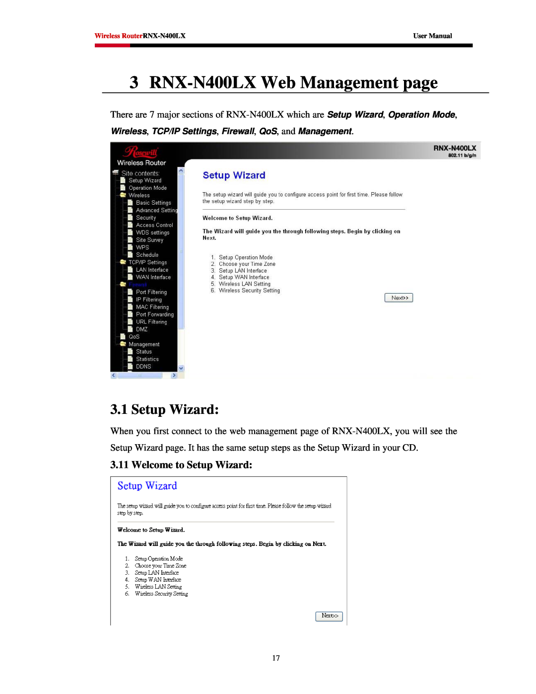 Rosewill user manual RNX-N400LX Web Management page, Welcome to Setup Wizard, Wireless RouterRNX-N400LX, User Manual 