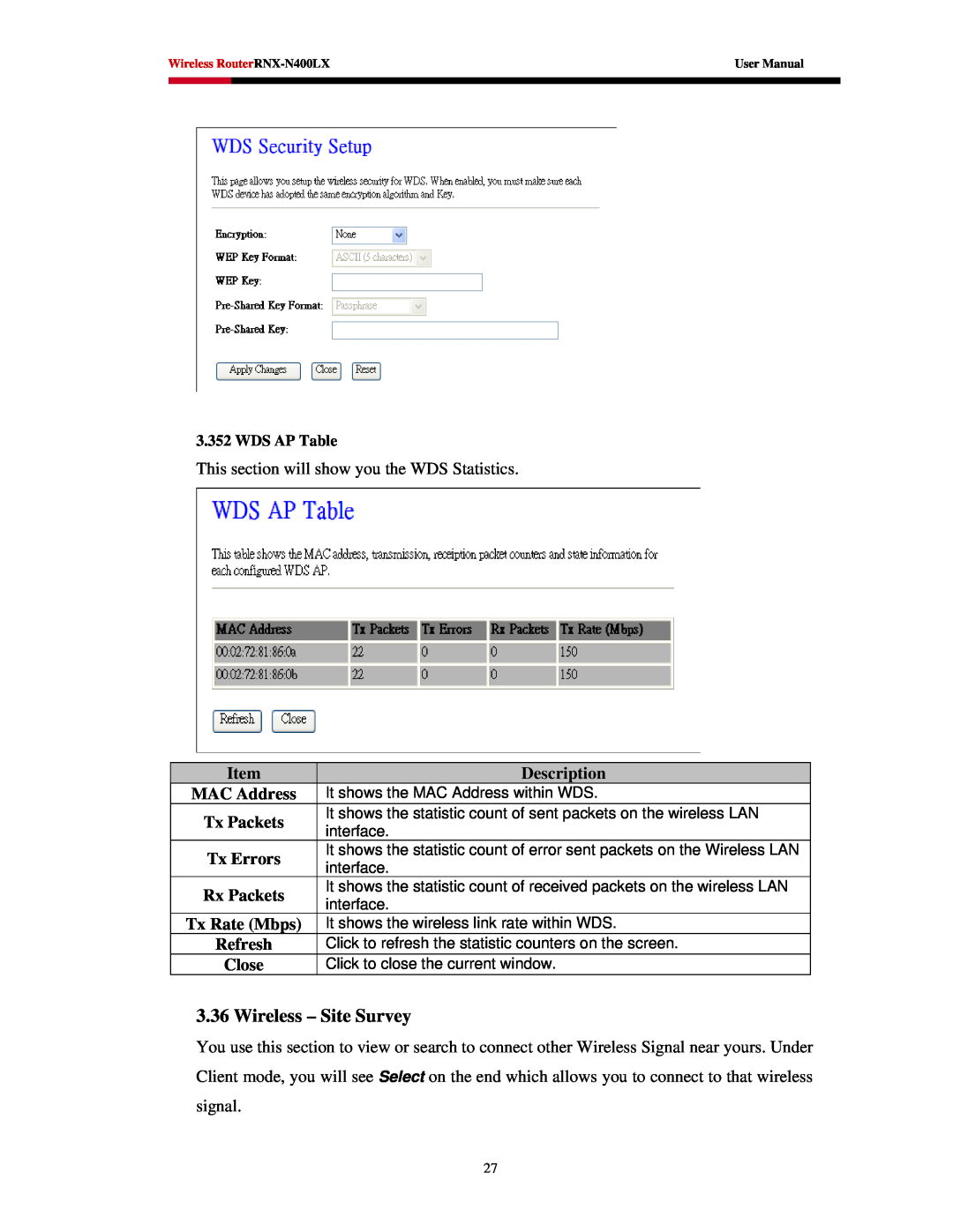 Rosewill RNX-N400LX user manual Wireless - Site Survey, This section will show you the WDS Statistics, Description 