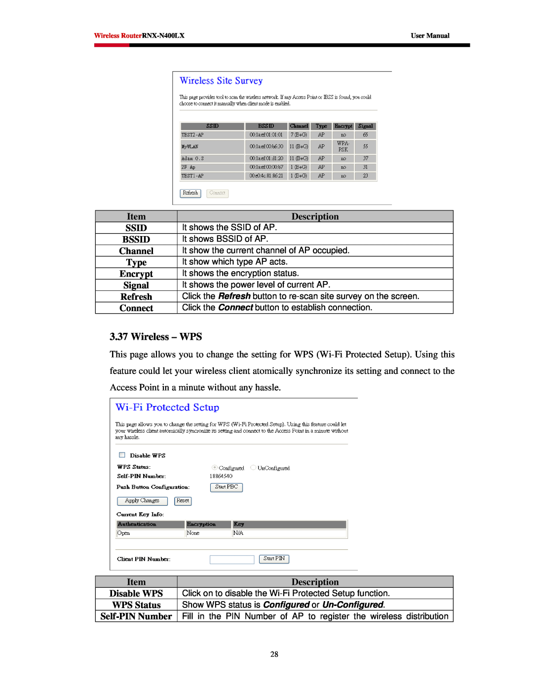 Rosewill RNX-N400LX user manual Wireless - WPS, Description, Ssid, Encrypt, Signal, WPS Status 