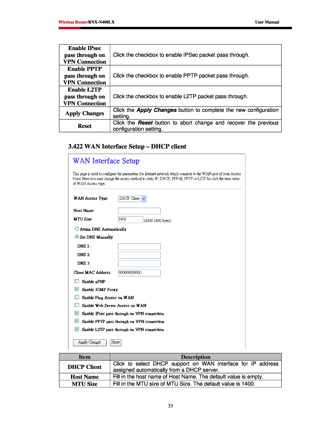 Rosewill RNX-N400LX user manual WAN Interface Setup - DHCP client, Description 