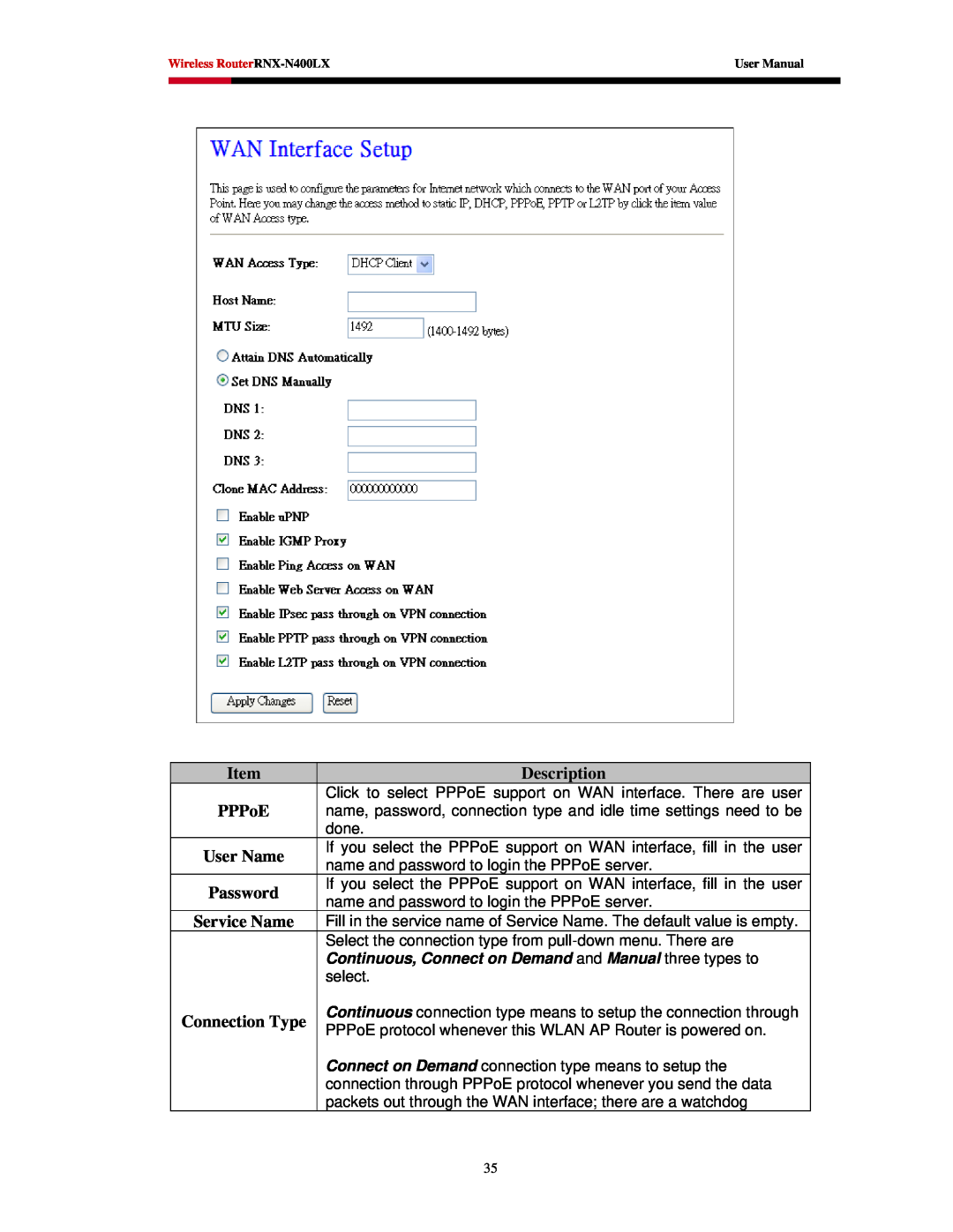 Rosewill RNX-N400LX user manual Description, PPPoE, User Name, Password, Service Name, Connection Type 