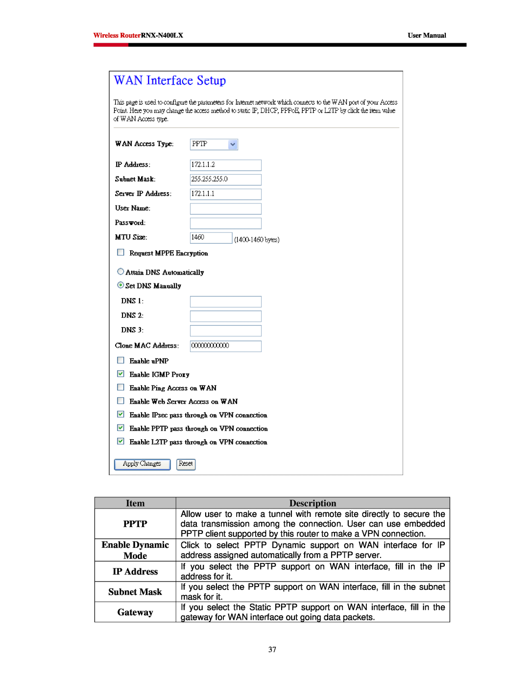 Rosewill RNX-N400LX user manual Description, Pptp, Gateway, Enable Dynamic, Mode, IP Address, Subnet Mask 