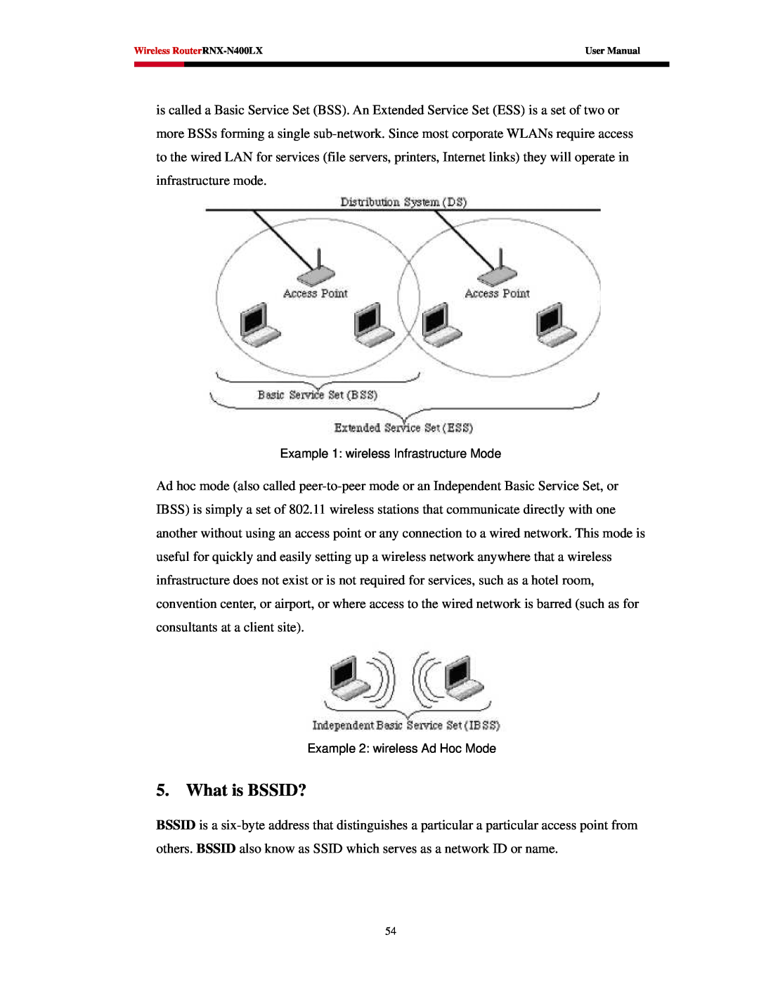 Rosewill RNX-N400LX user manual What is BSSID?, Example 1 wireless Infrastructure Mode, Example 2 wireless Ad Hoc Mode 