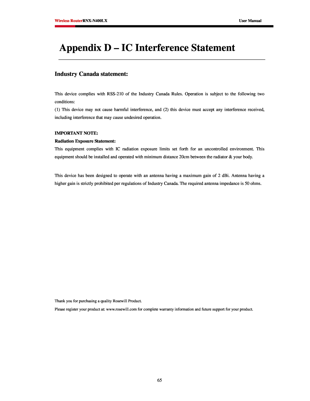 Rosewill RNX-N400LX user manual Appendix D - IC Interference Statement, Industry Canada statement 