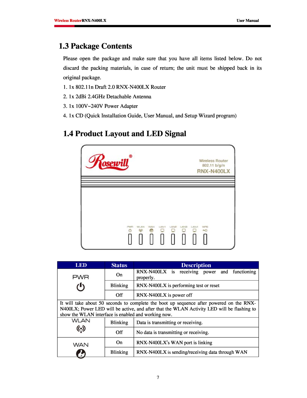 Rosewill RNX-N400LX user manual Package Contents, Product Layout and LED Signal, Status, Description 