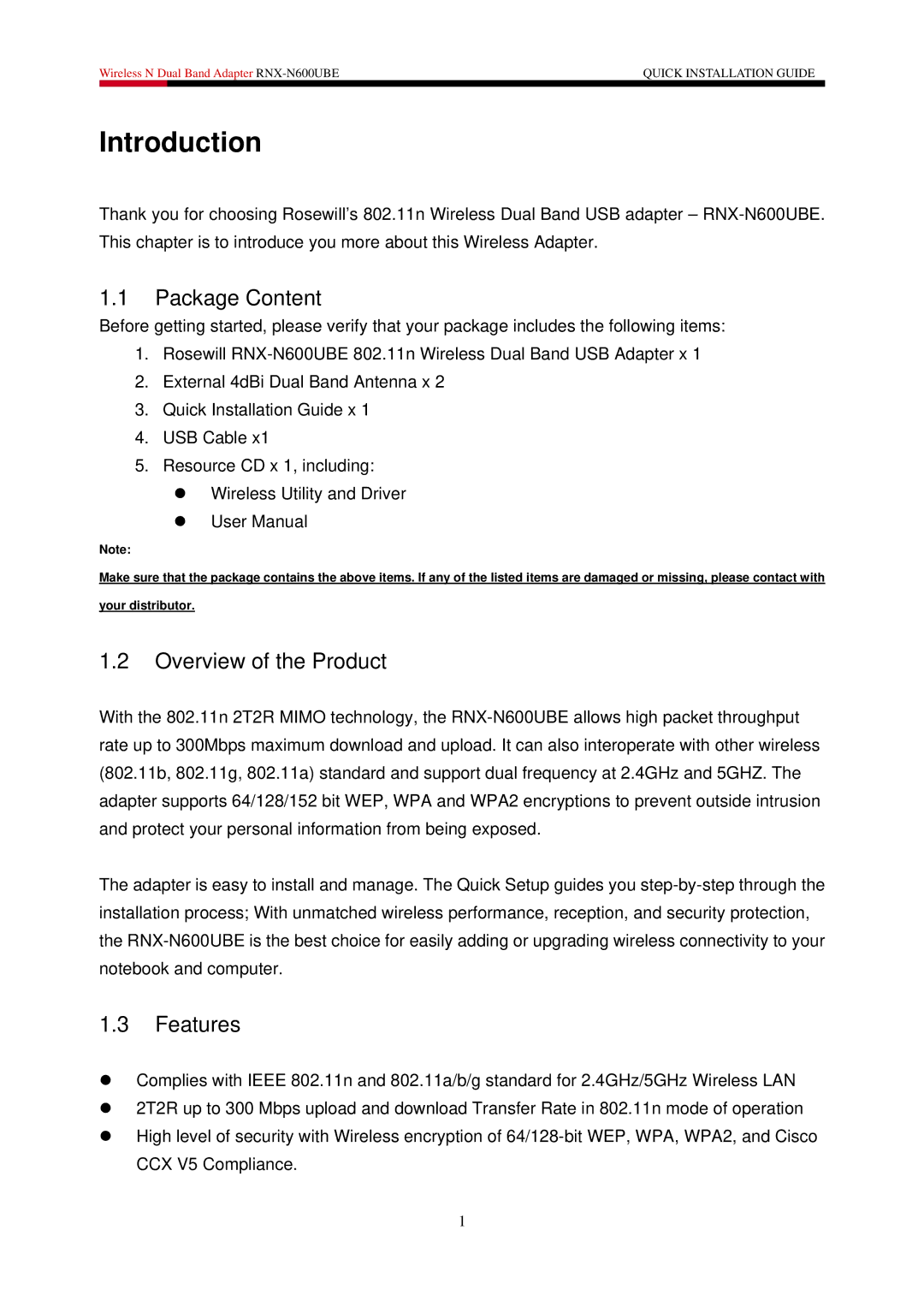 Rosewill RNX-N600UBE user manual Introduction, Package Content, Overview of the Product, Features 