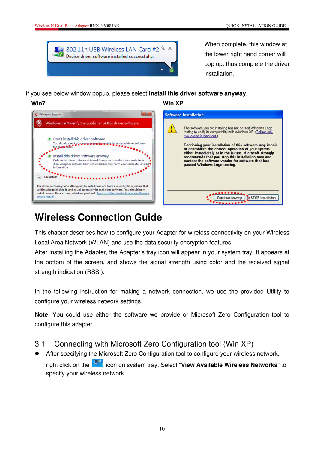 Rosewill RNX-N600UBE Wireless Connection Guide, Connecting with Microsoft Zero Configuration tool Win XP, Win7 Win XP 