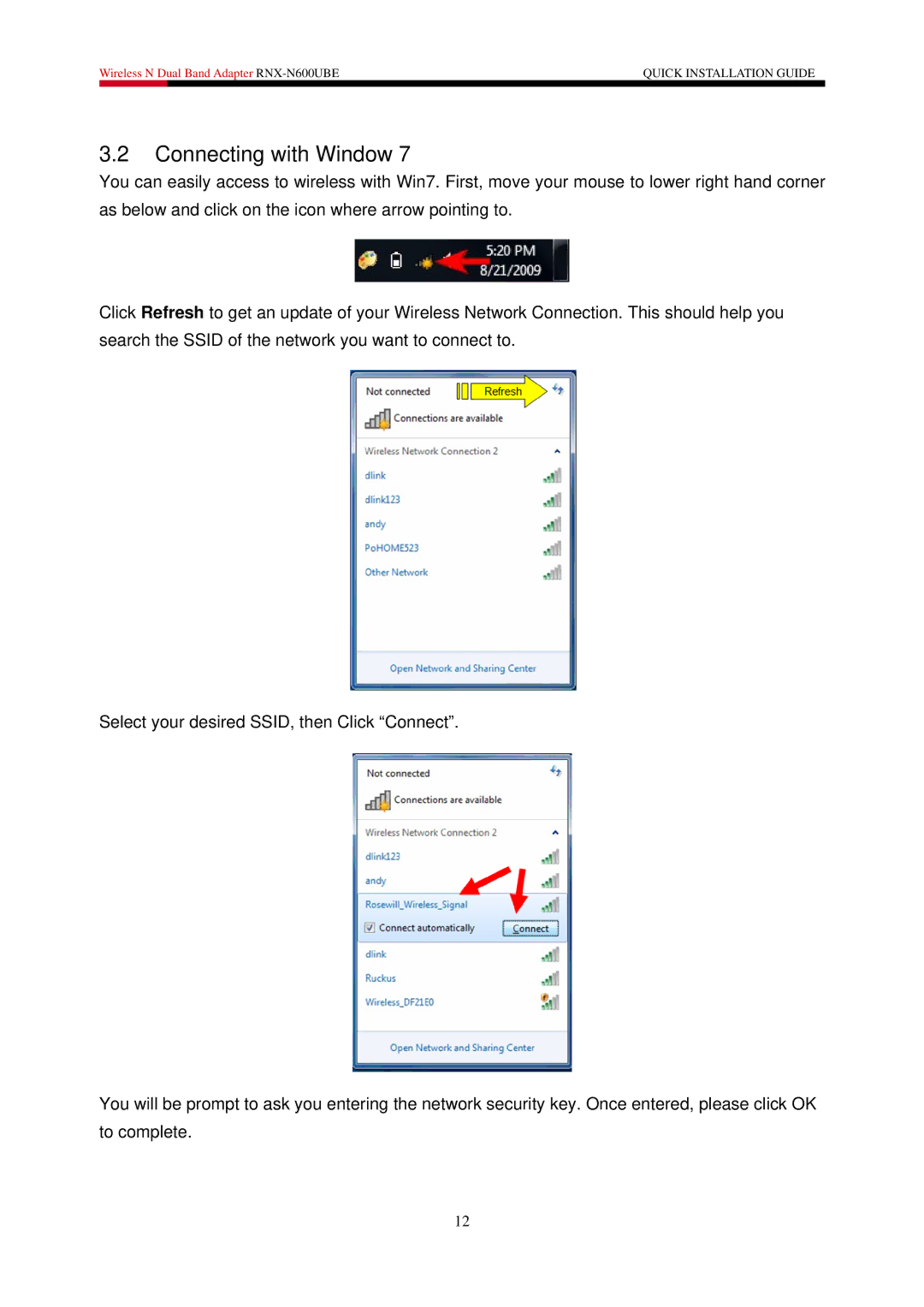 Rosewill RNX-N600UBE user manual Connecting with Window 