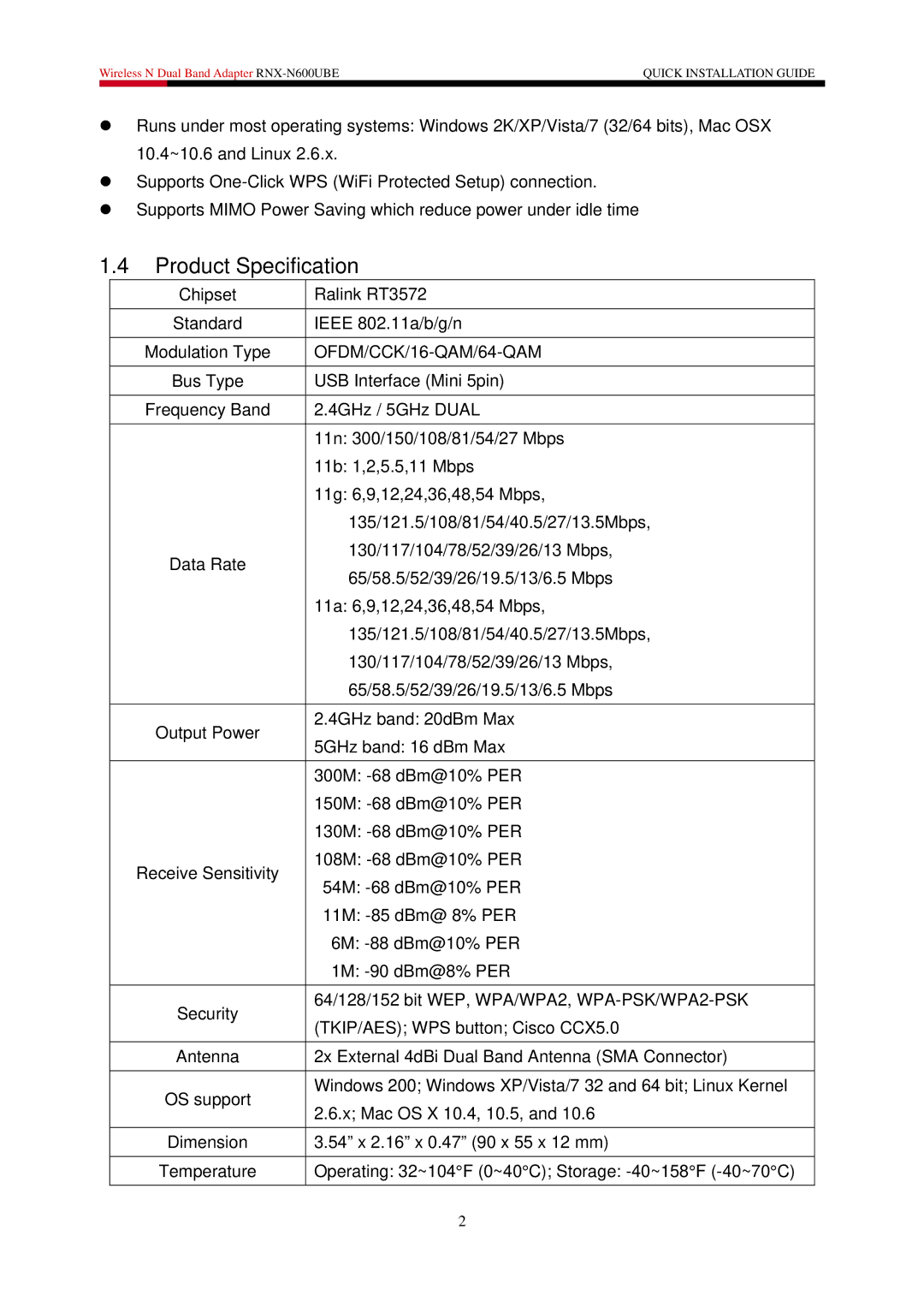 Rosewill RNX-N600UBE user manual Product Specification, OFDM/CCK/16-QAM/64-QAM 