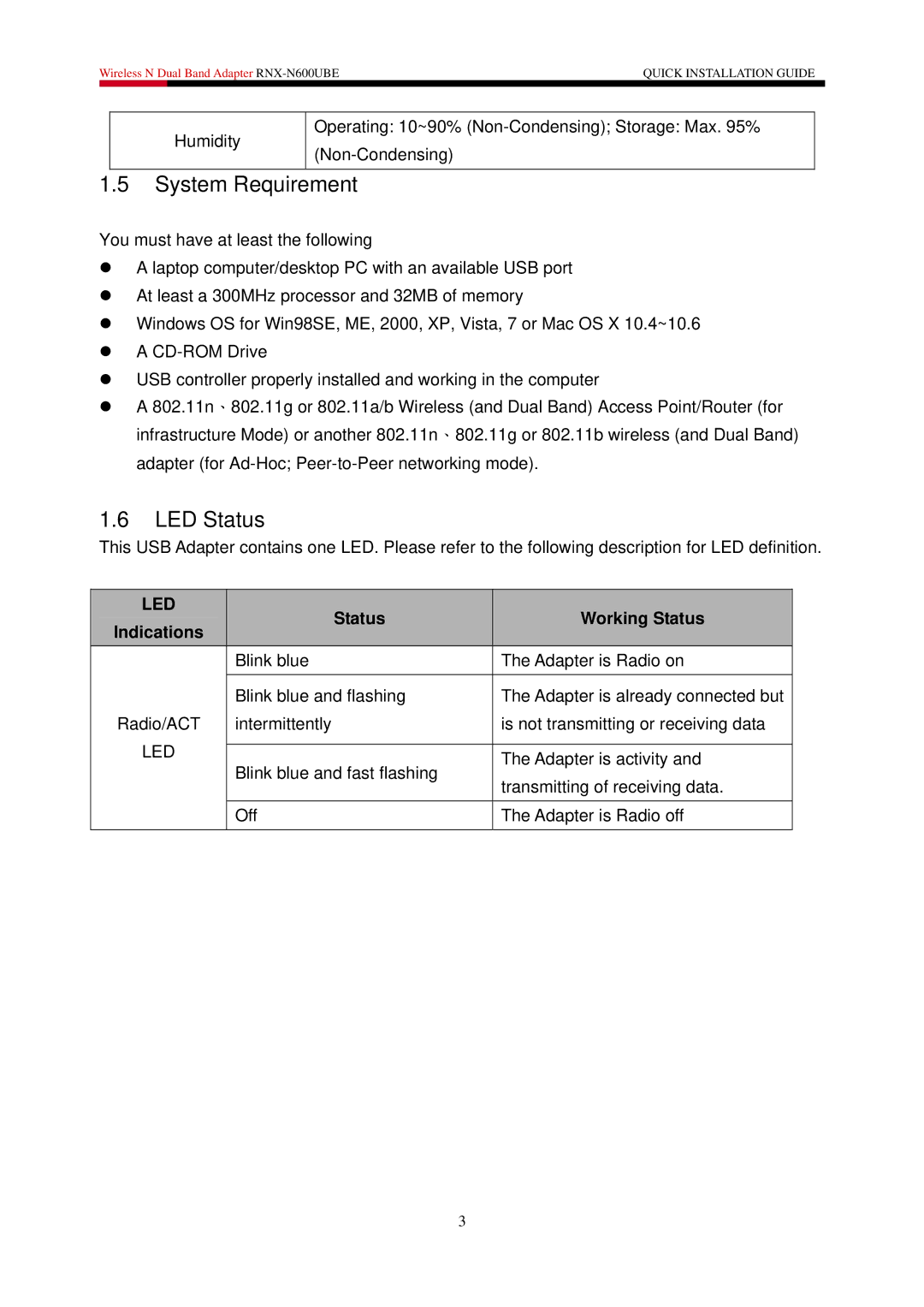 Rosewill RNX-N600UBE user manual System Requirement, LED Status, Status Working Status Indications 