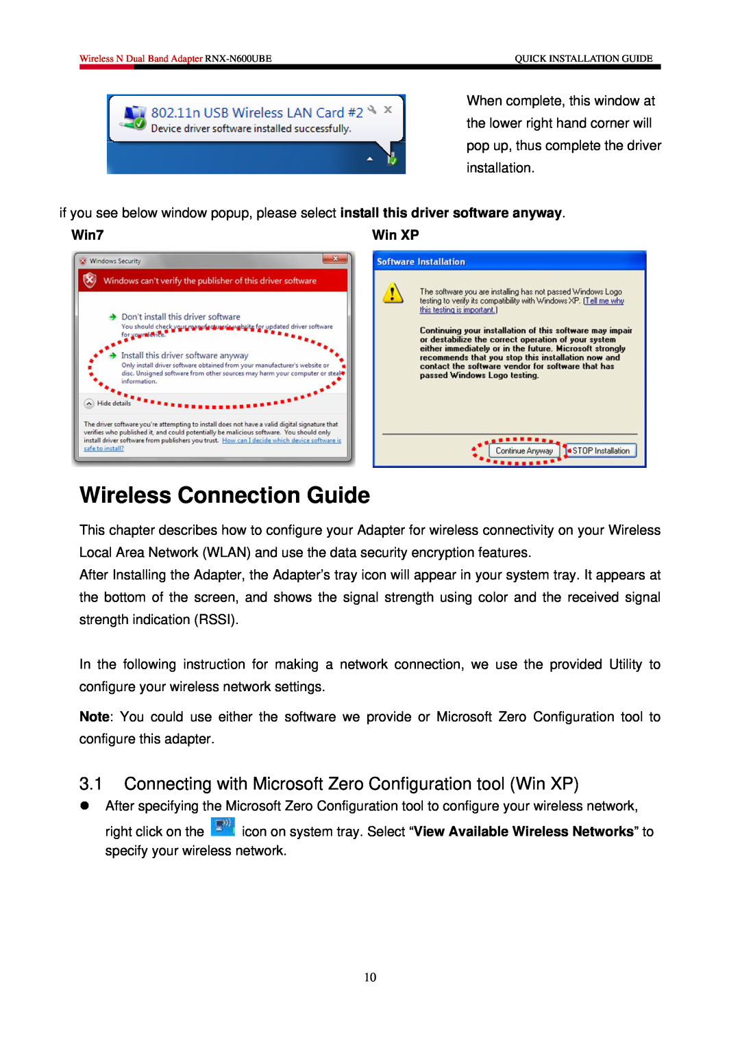 Rosewill RNX-N600UBE user manual Wireless Connection Guide, Connecting with Microsoft Zero Configuration tool Win XP, Win7 