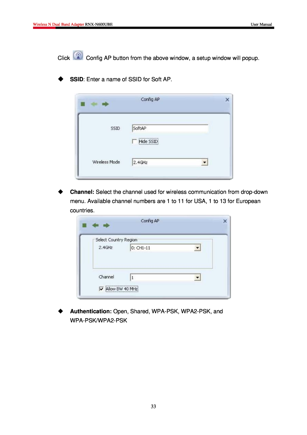Rosewill user manual ‹ SSID Enter a name of SSID for Soft AP, Wireless N Dual Band Adapter RNX-N600UBE, User Manual 