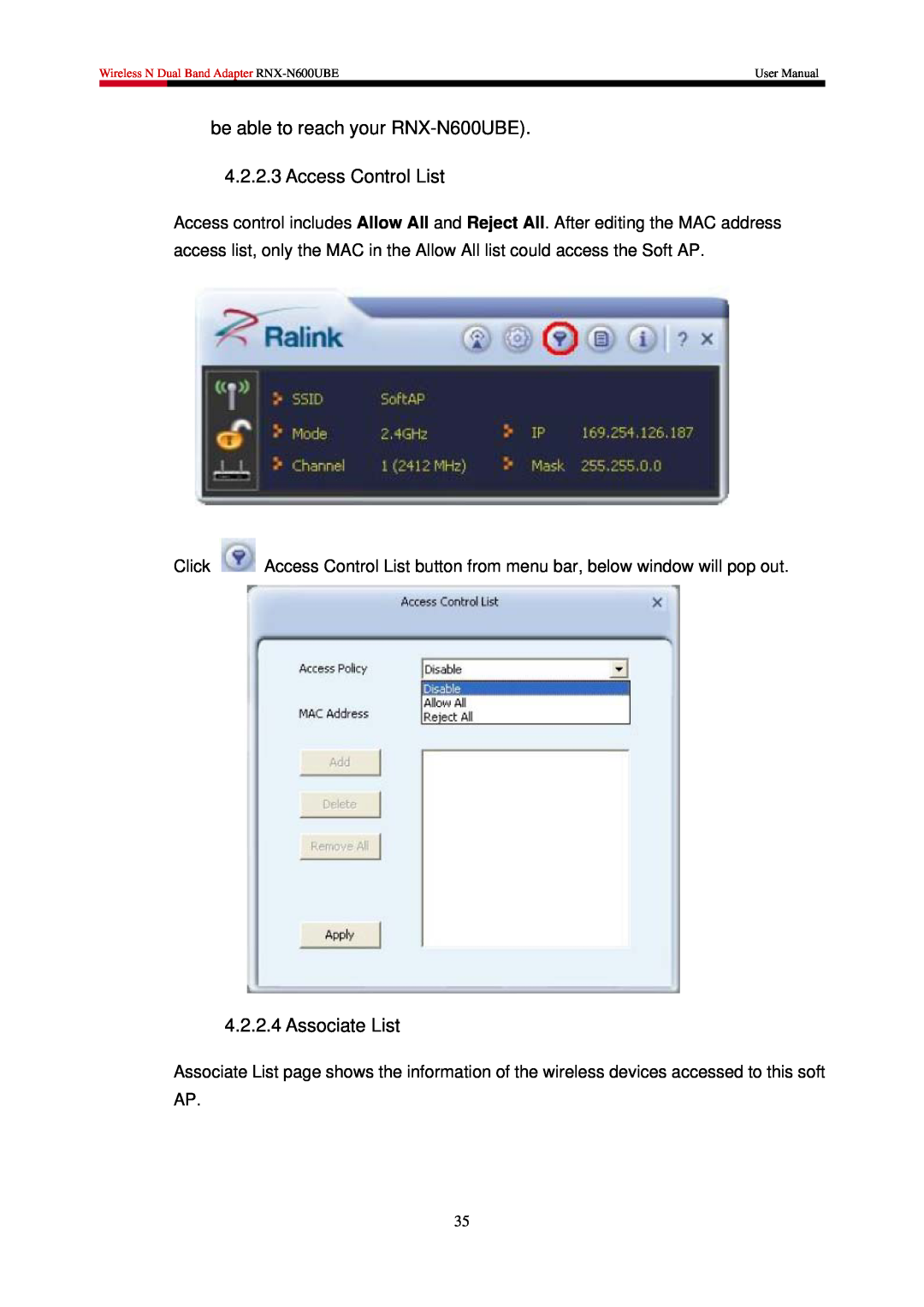 Rosewill user manual be able to reach your RNX-N600UBE 4.2.2.3 Access Control List, Associate List 