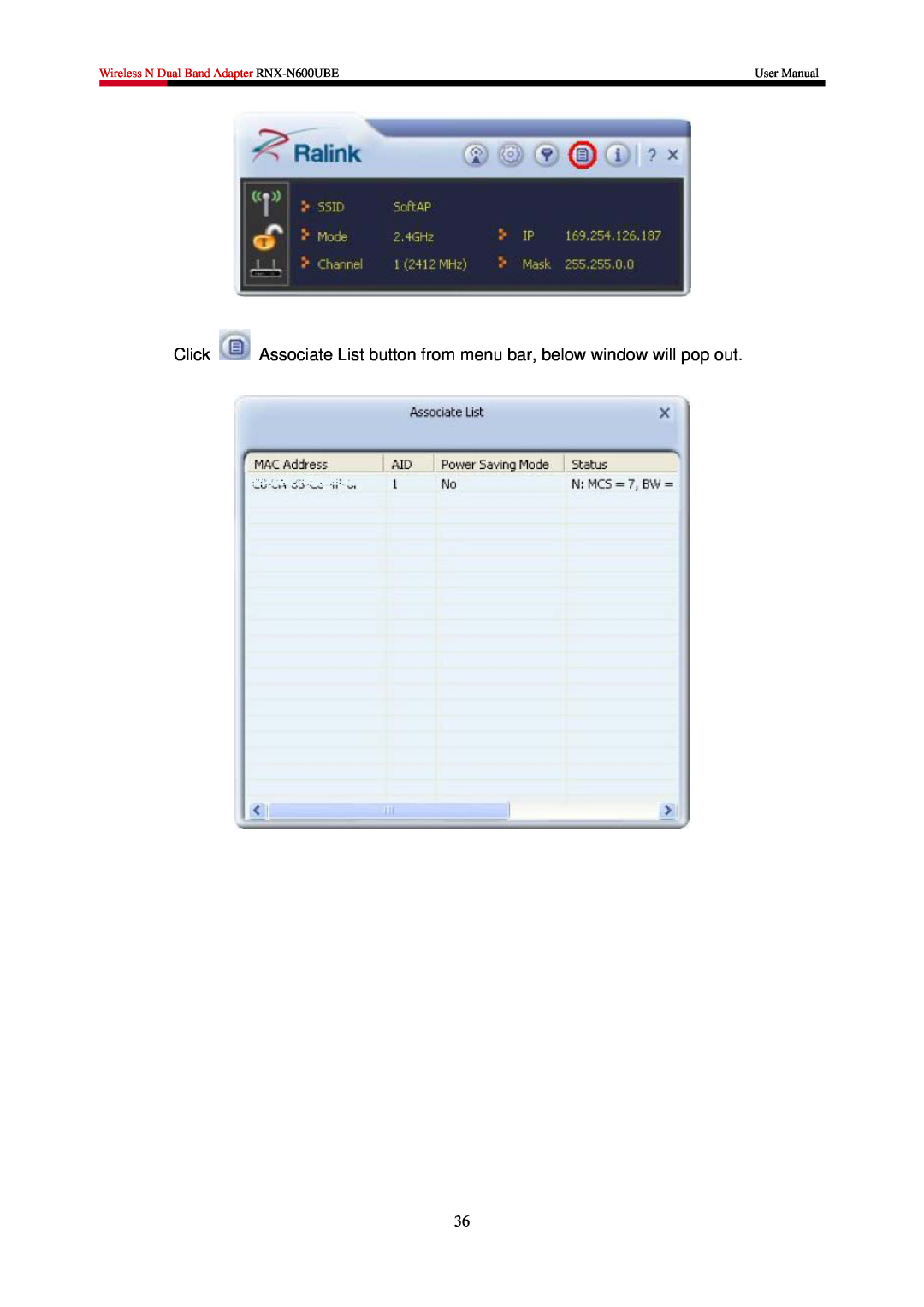 Rosewill RNX-N600UBE user manual Click Associate List button from menu bar, below window will pop out, User Manual 