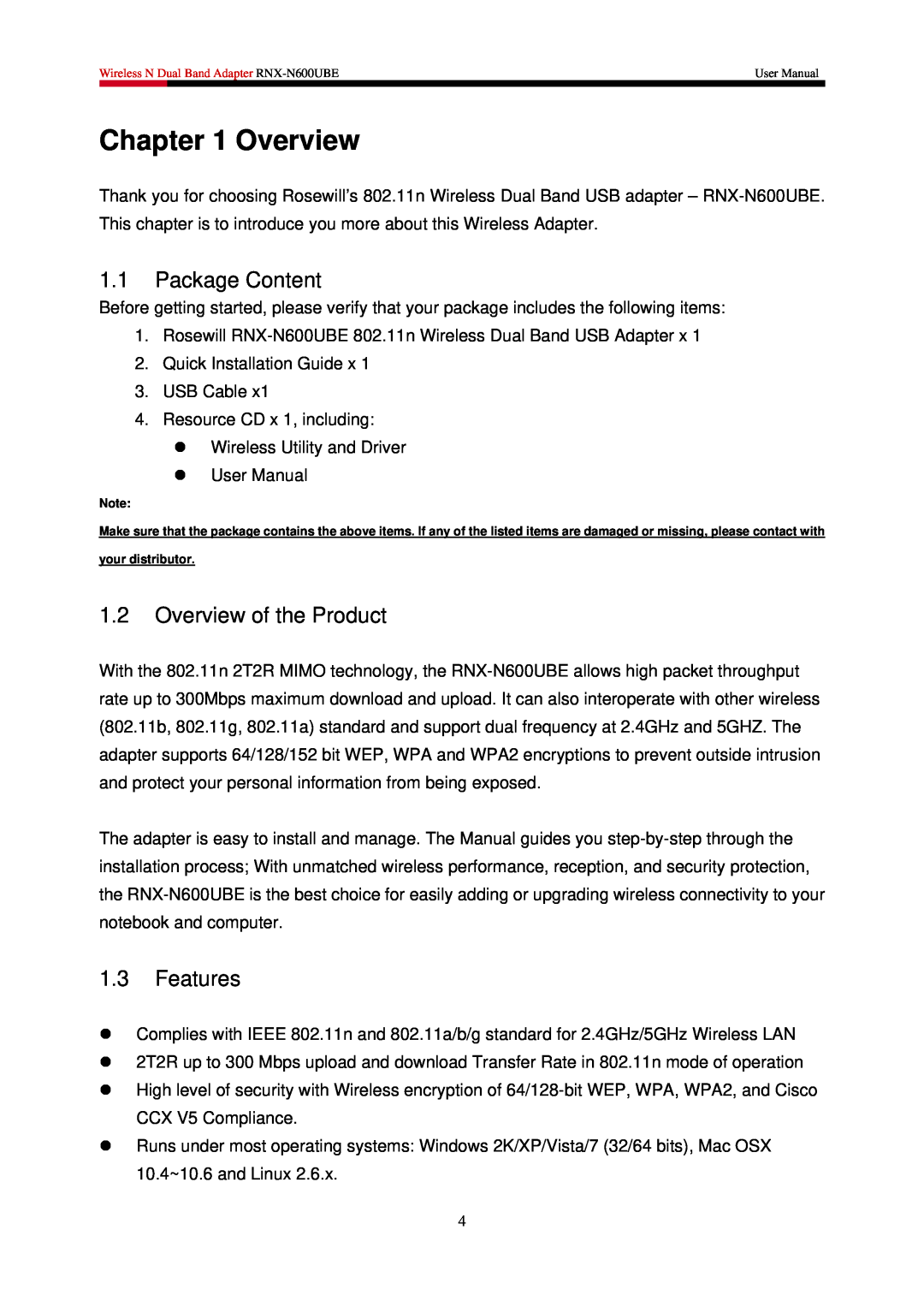 Rosewill RNX-N600UBE user manual Package Content, Overview of the Product, Features 