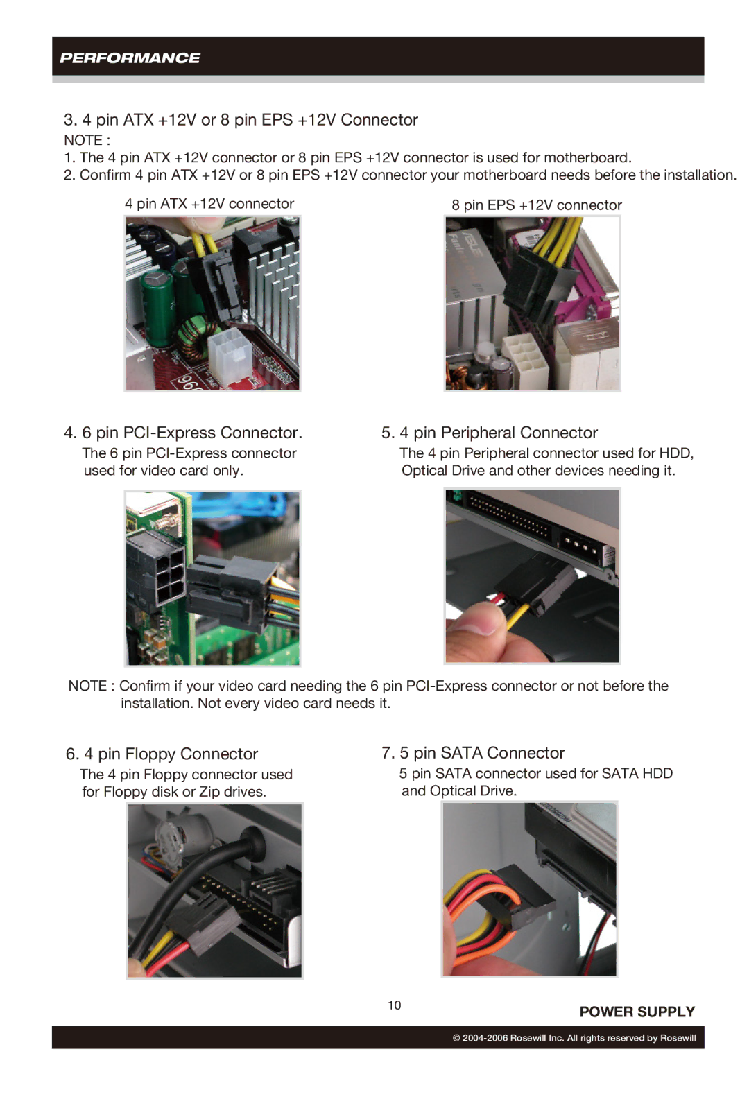 Rosewill RP500-2-S, RP550-2-S Pin ATX +12V or 8 pin EPS +12V Connector, Pin PCI-Express Connector Pin Peripheral Connector 