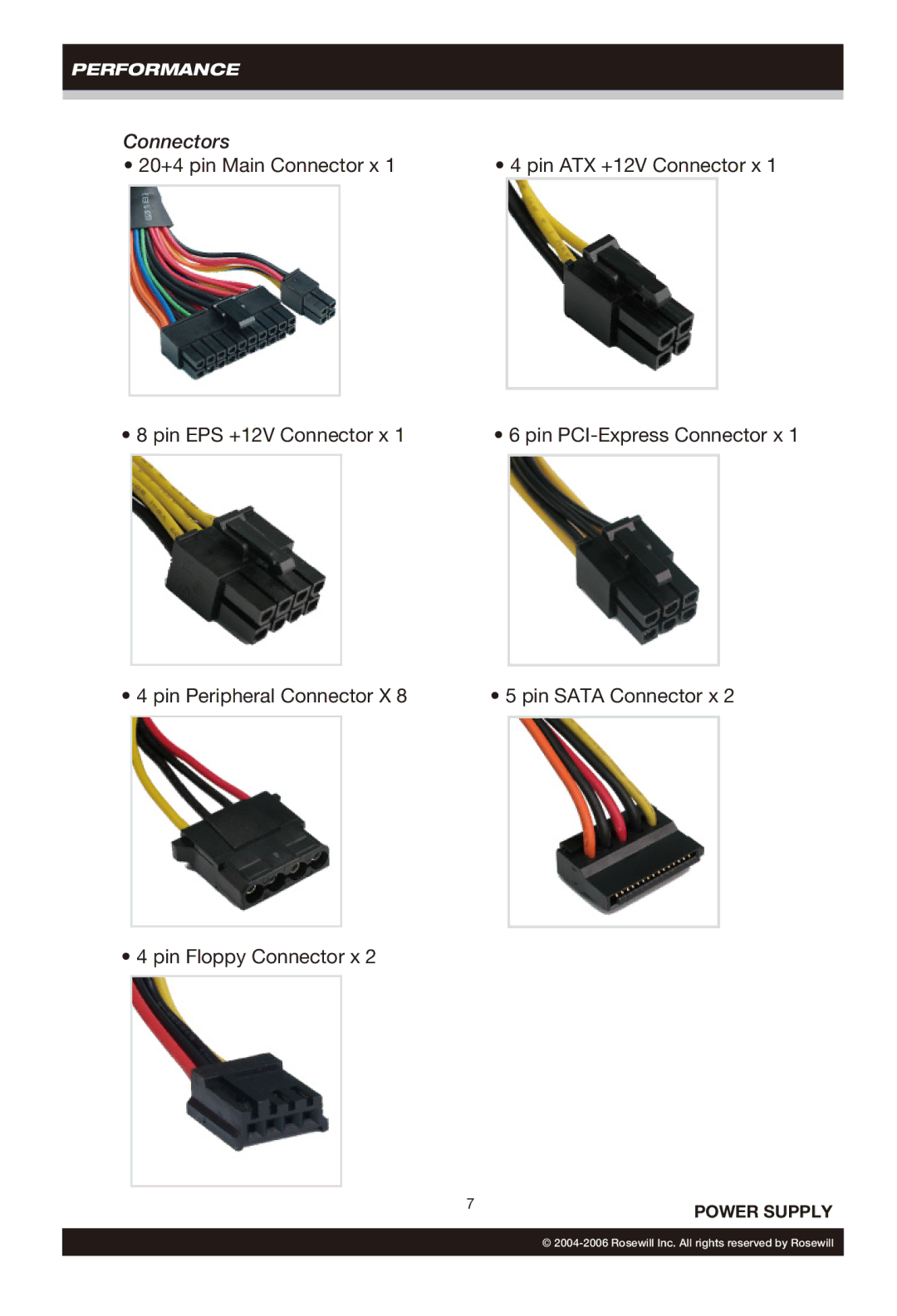 Rosewill RP550-2-S, RP500-2-S user manual Connectors 20+4 pin Main Connector x, Pin Floppy Connector x 