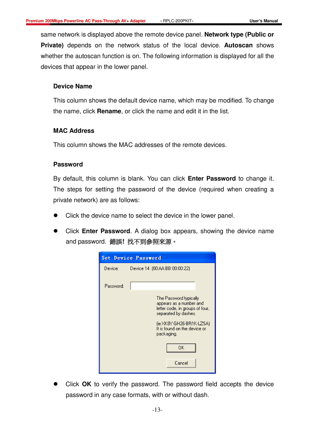 Rosewill RPLC-200P user manual Device Name, MAC Address, Password 