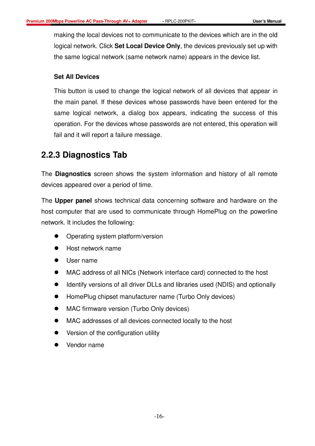 Rosewill RPLC-200P user manual Diagnostics Tab, Set All Devices 