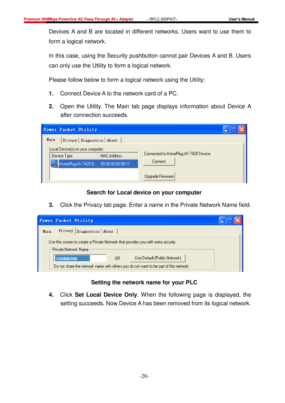 Rosewill RPLC-200P user manual Search for Local device on your computer, Setting the network name for your PLC 