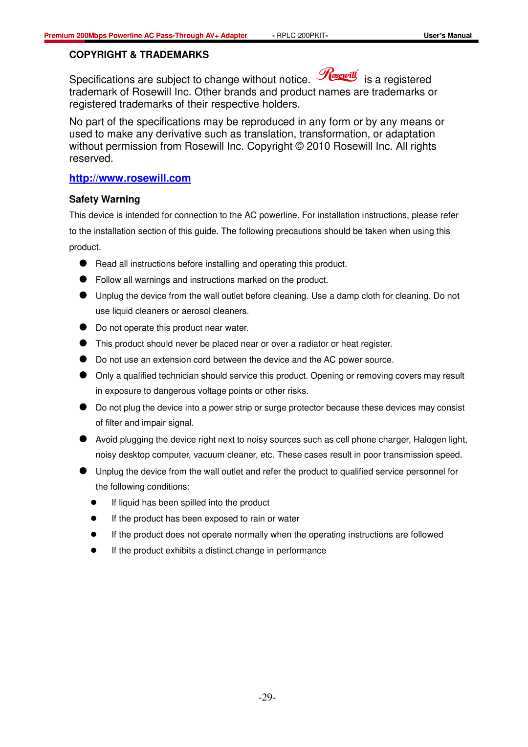 Rosewill RPLC-200P user manual Copyright & Trademarks 