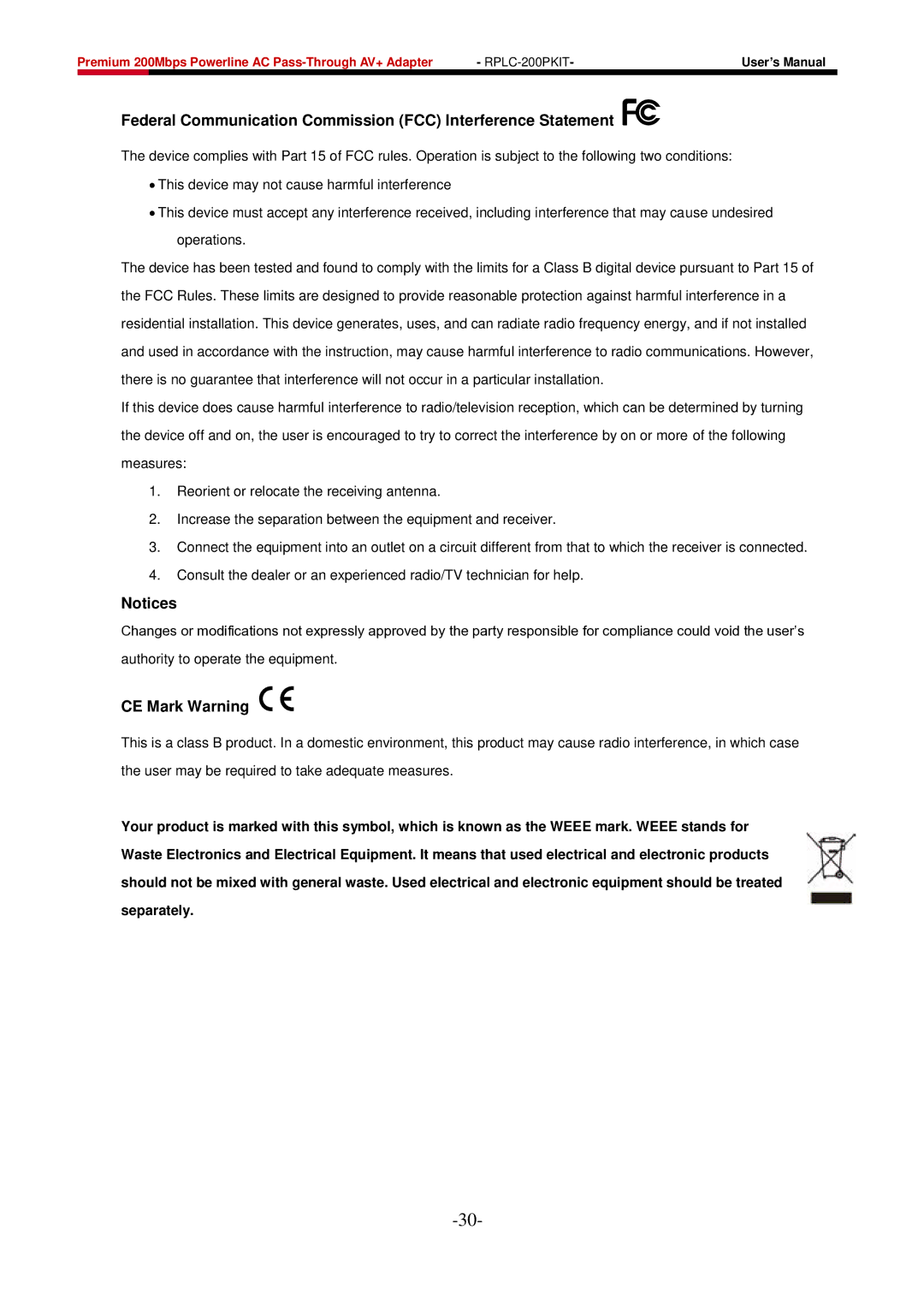 Rosewill RPLC-200P user manual Federal Communication Commission FCC Interference Statement 