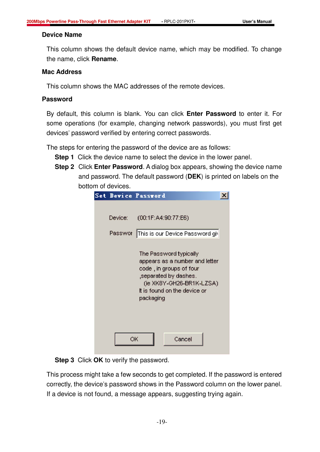 Rosewill RPLC-201P user manual Device Name, Mac Address, Password 