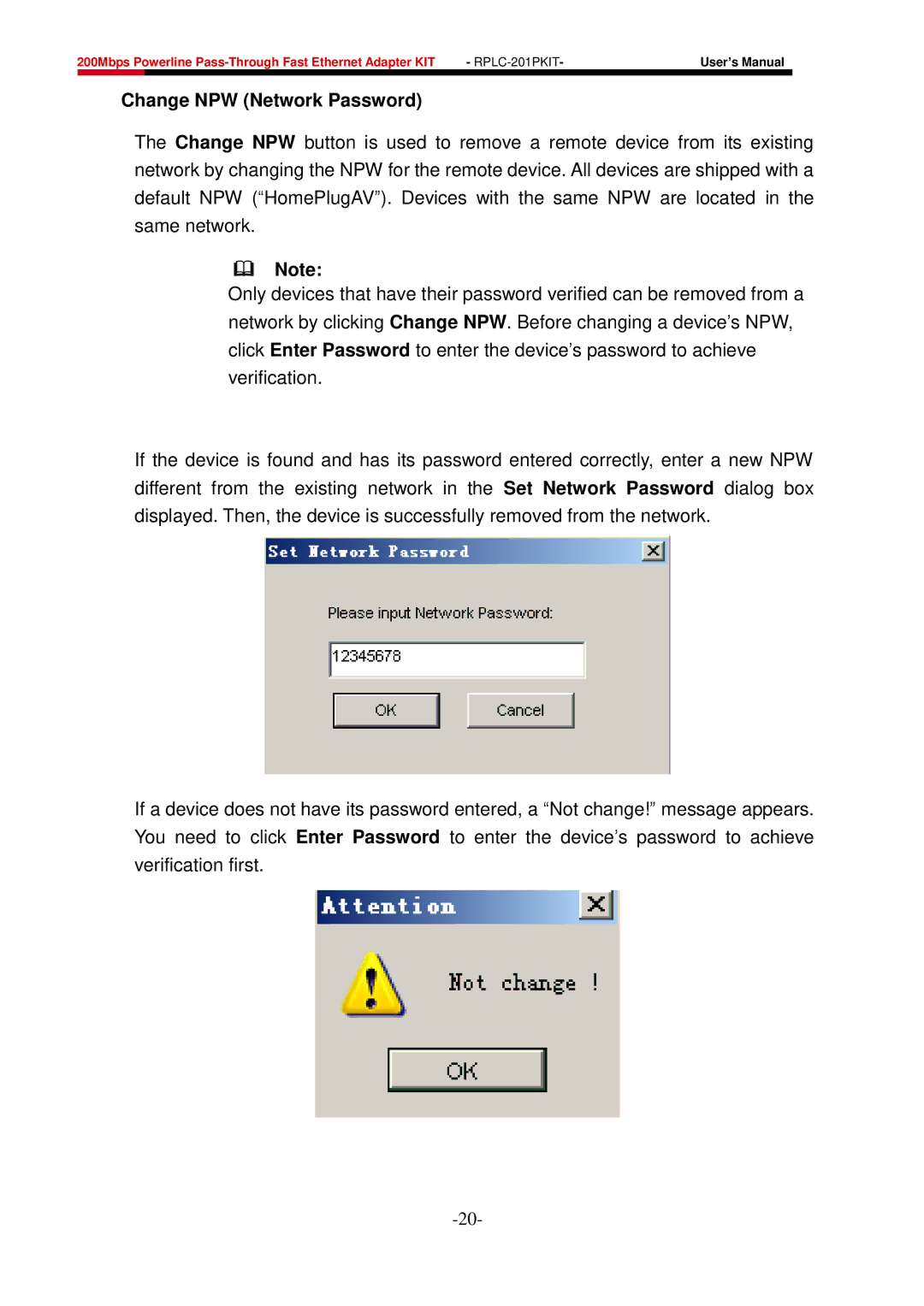 Rosewill RPLC-201P user manual Change NPW Network Password 