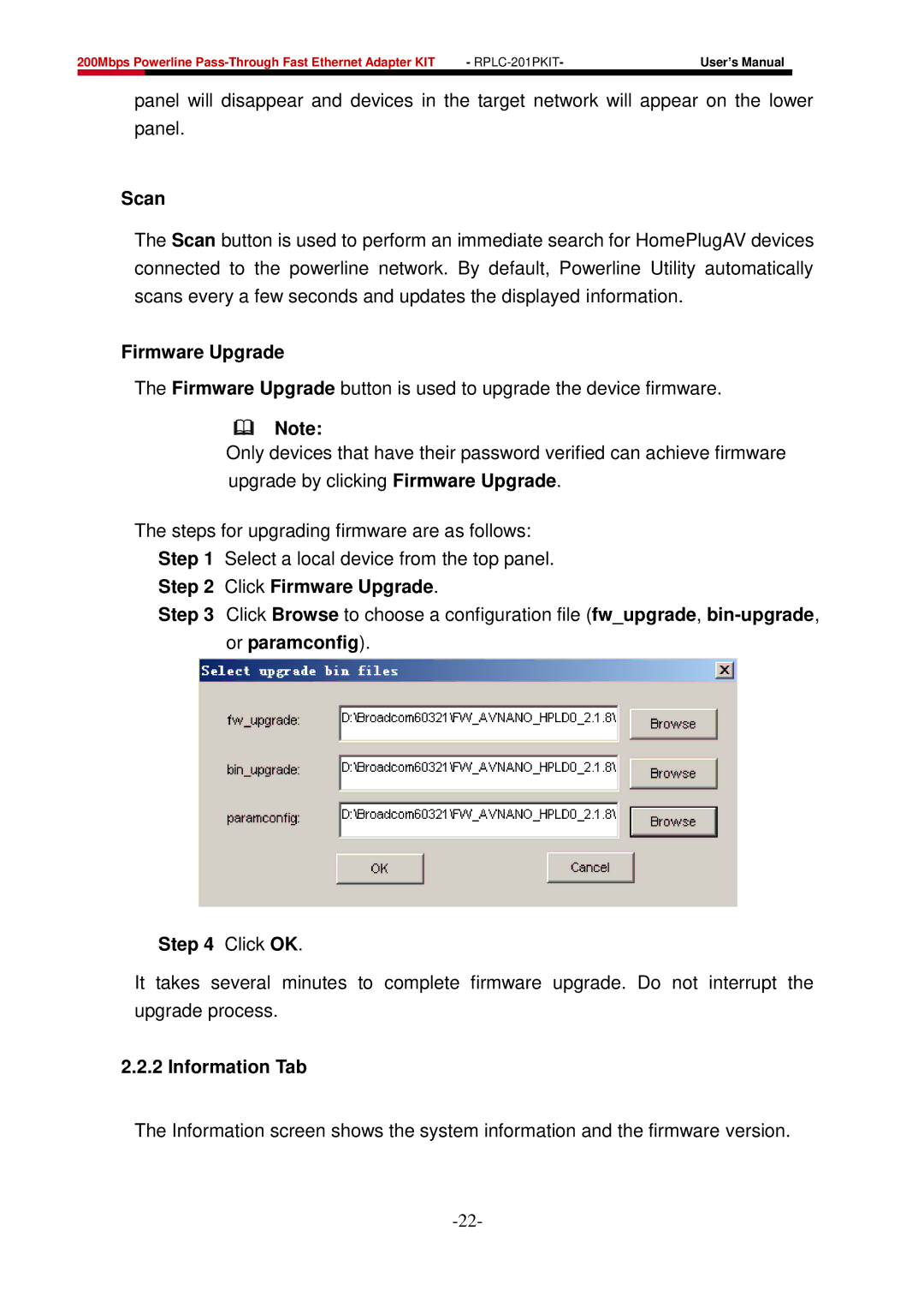 Rosewill RPLC-201P user manual Scan, Click Firmware Upgrade, Information Tab 