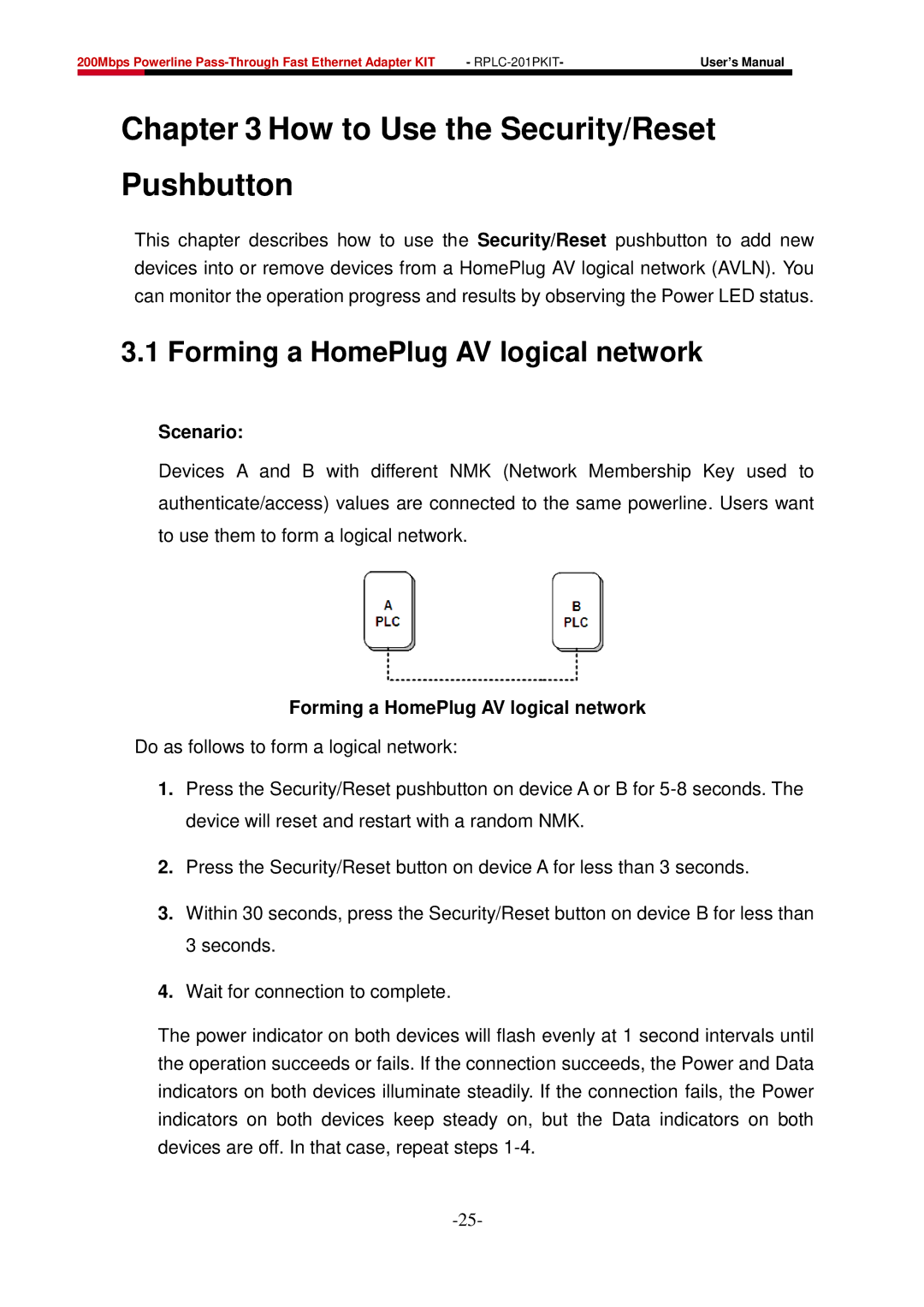 Rosewill RPLC-201P user manual How to Use the Security/Reset Pushbutton, Forming a HomePlug AV logical network, Scenario 