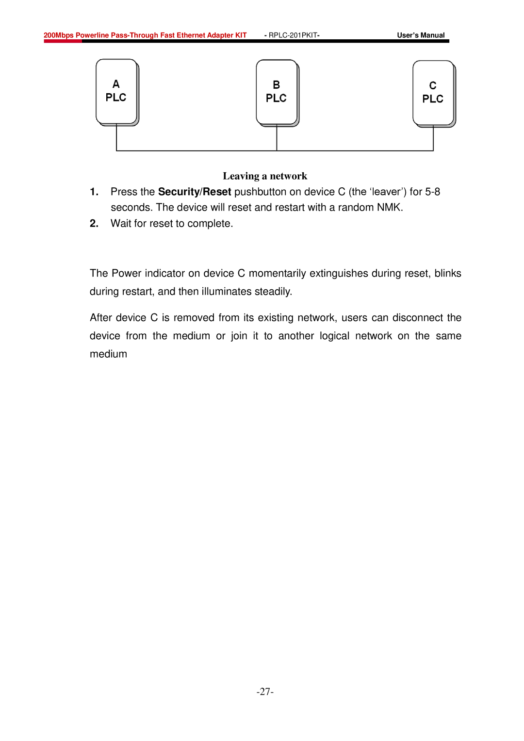 Rosewill RPLC-201P user manual Leaving a network 