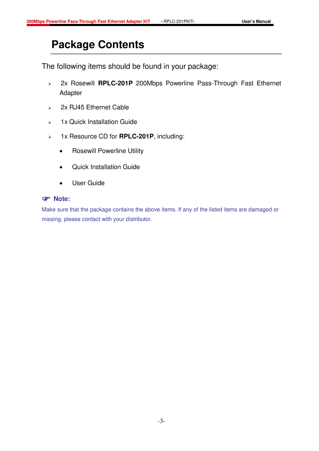 Rosewill RPLC-201P user manual Package Contents 