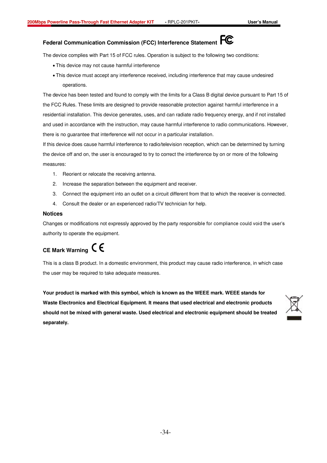 Rosewill RPLC-201P user manual Federal Communication Commission FCC Interference Statement 