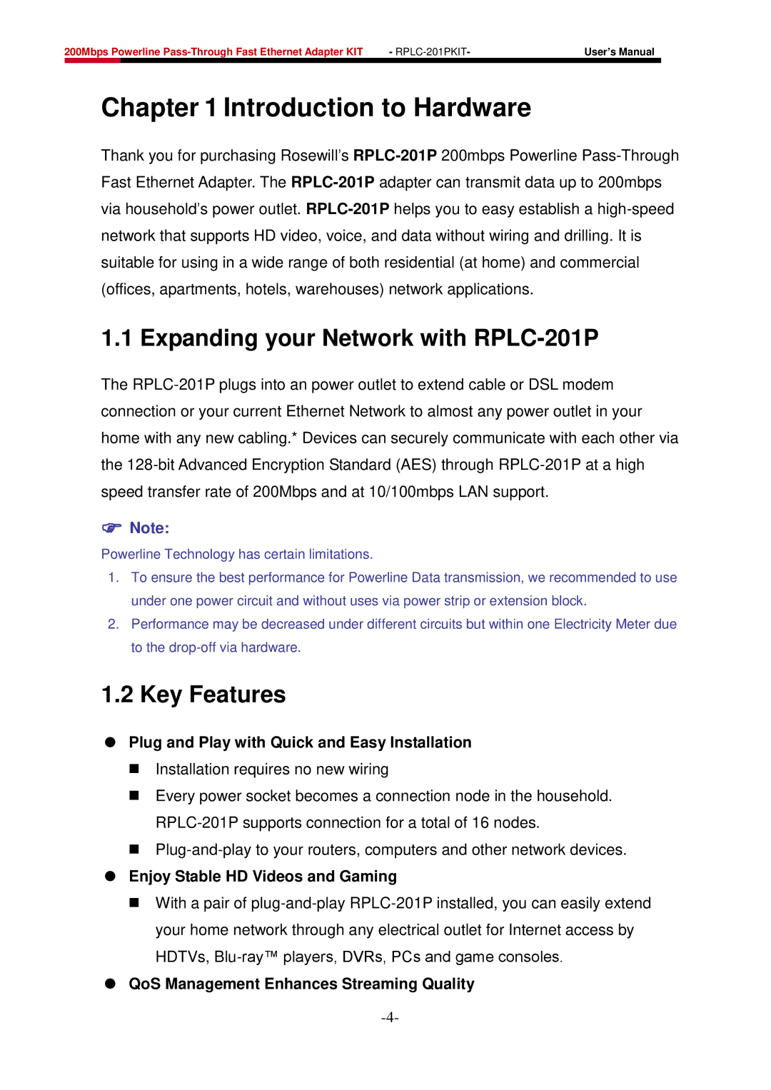 Rosewill user manual Introduction to Hardware, Expanding your Network with RPLC-201P, Key Features 