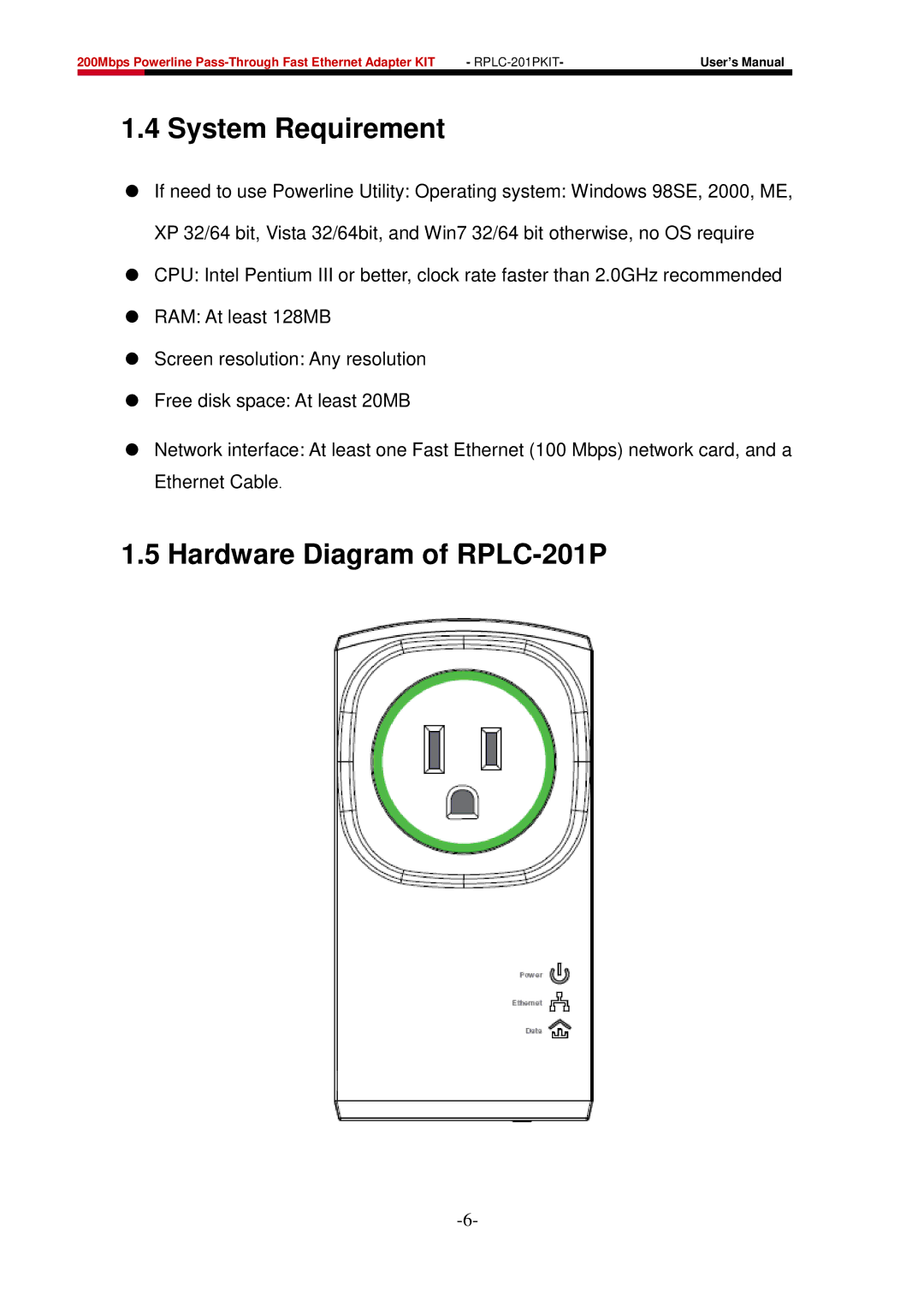 Rosewill user manual System Requirement, Hardware Diagram of RPLC-201P 