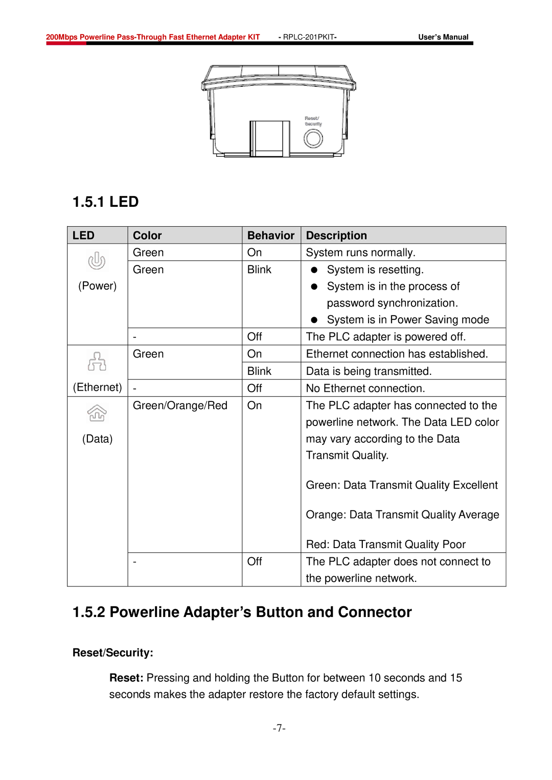 Rosewill RPLC-201P user manual Color Behavior Description, Reset/Security 