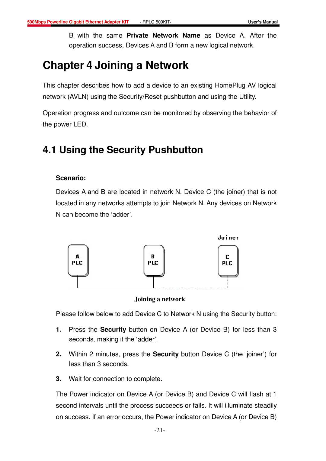 Rosewill RPLC-500 user manual Joining a Network, Joining a network 