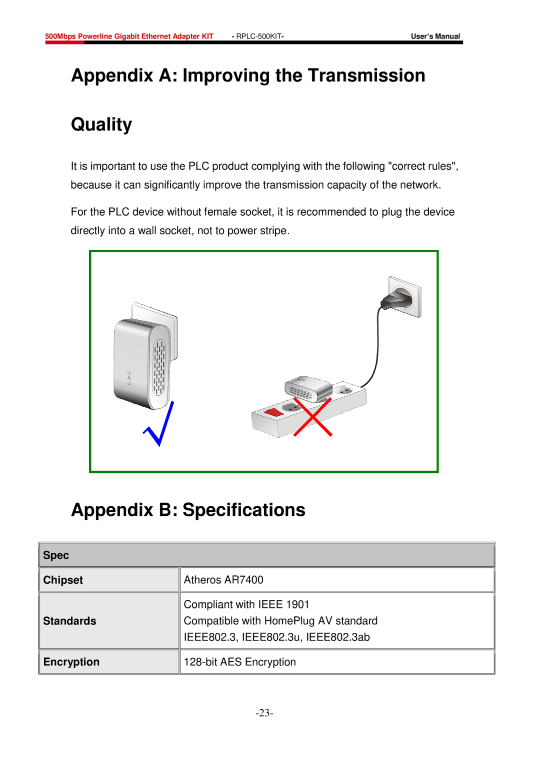 Rosewill RPLC-500 user manual Appendix a Improving the Transmission Quality, Appendix B Specifications 