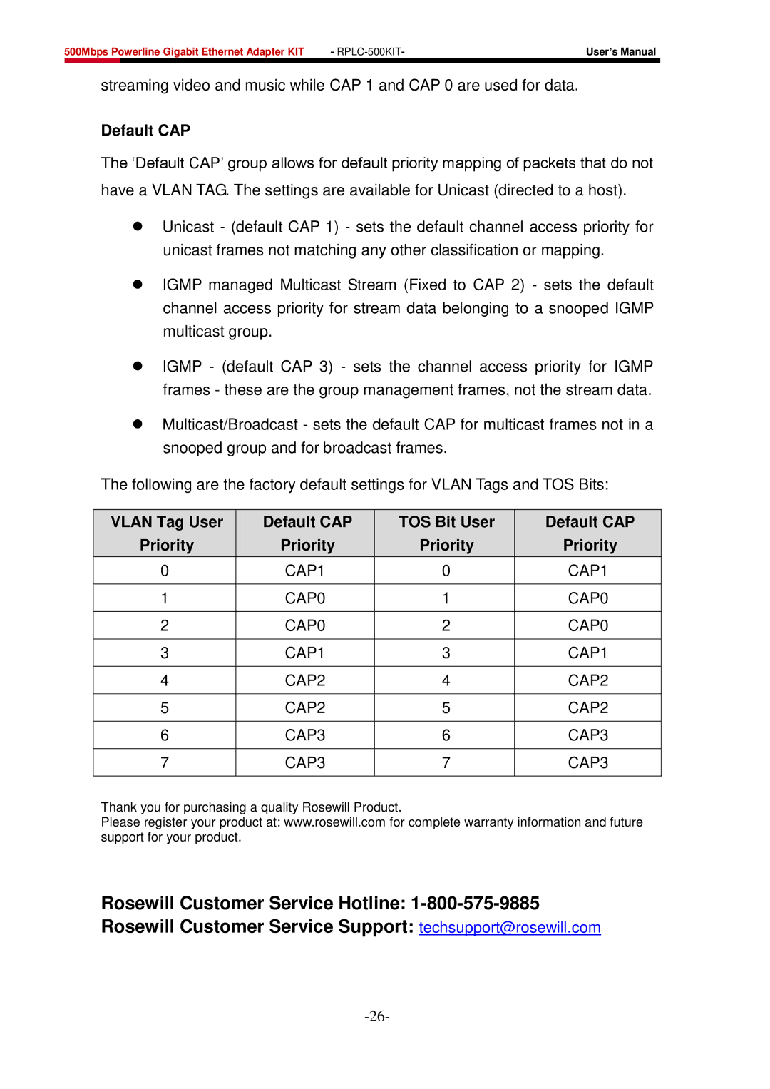 Rosewill RPLC-500 user manual Vlan Tag User Default CAP TOS Bit User Priority 