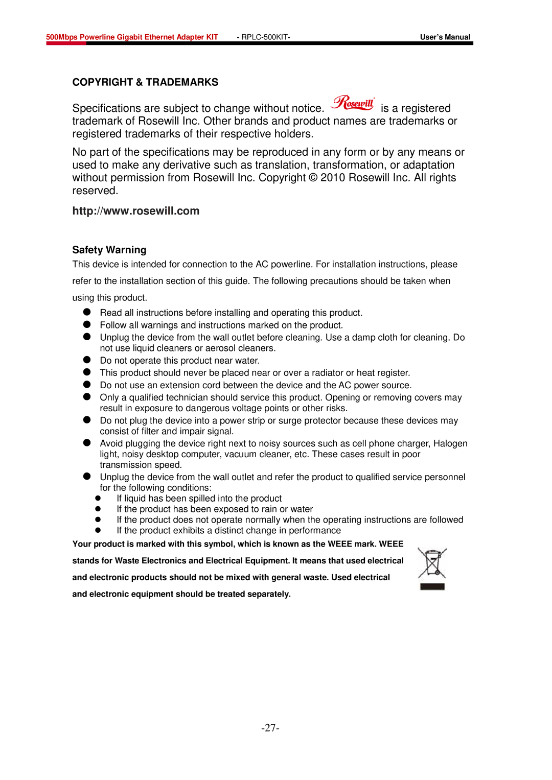 Rosewill RPLC-500 user manual Copyright & Trademarks 