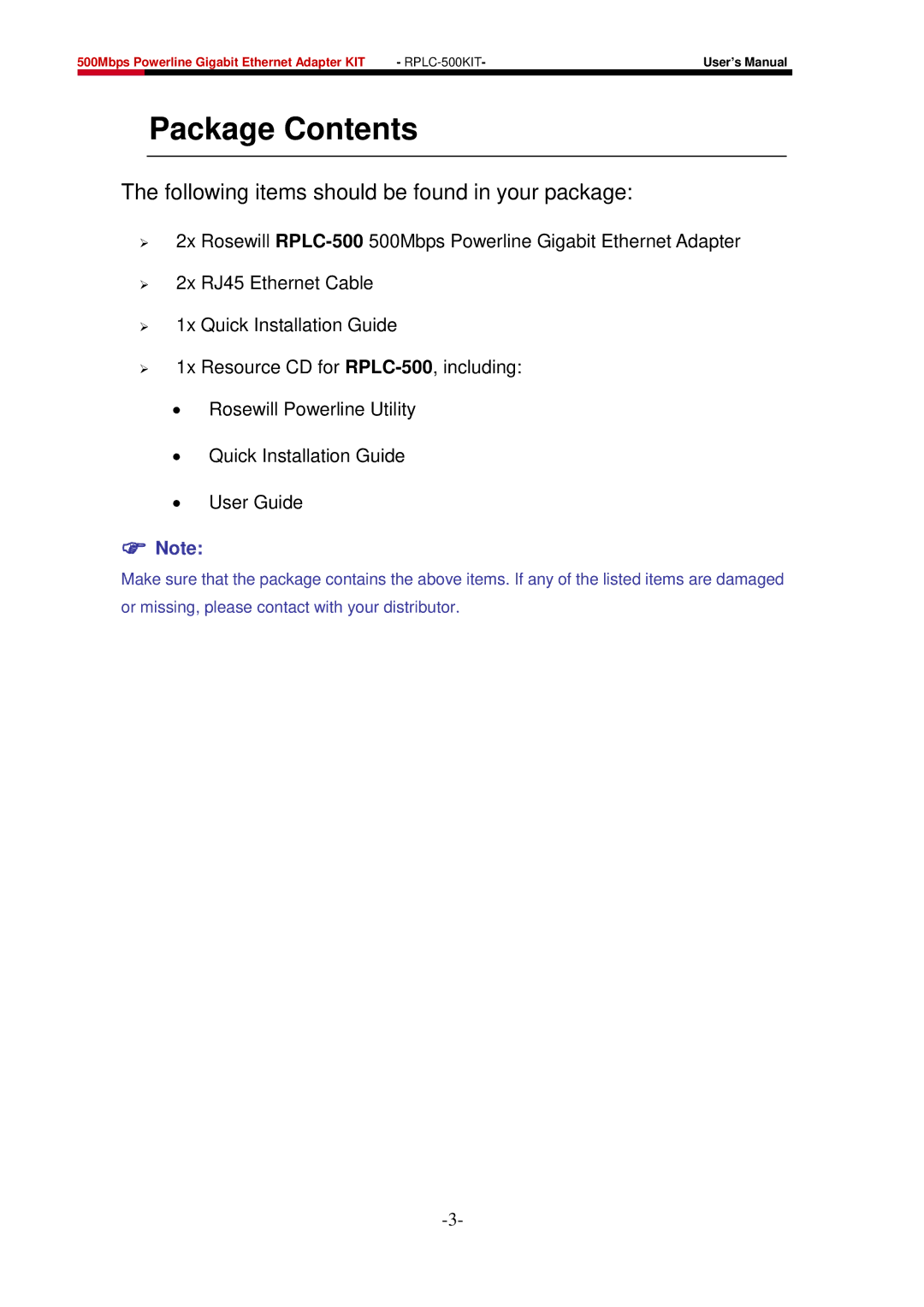 Rosewill RPLC-500 user manual Package Contents 