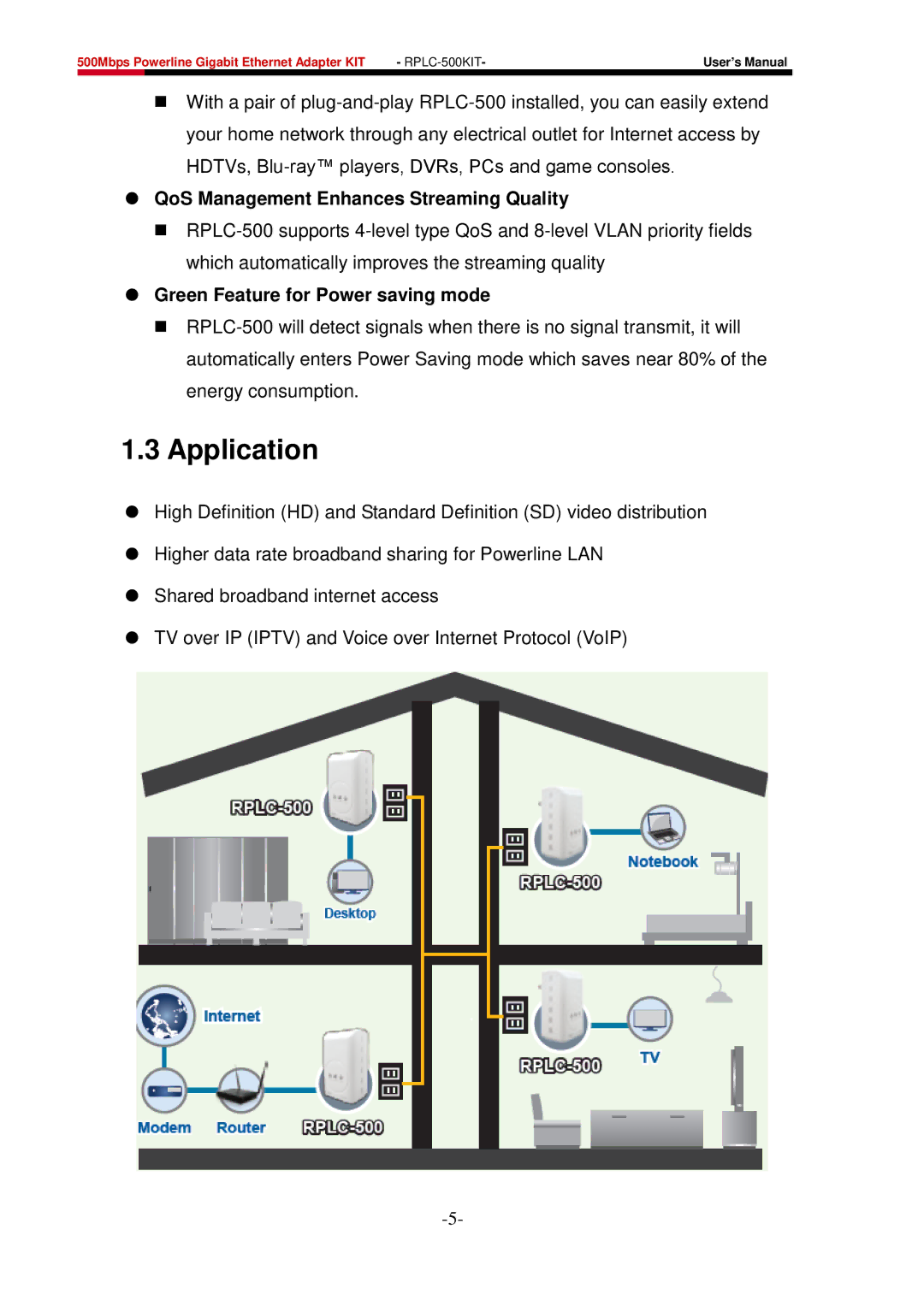 Rosewill RPLC-500 Application,  QoS Management Enhances Streaming Quality,  Green Feature for Power saving mode 