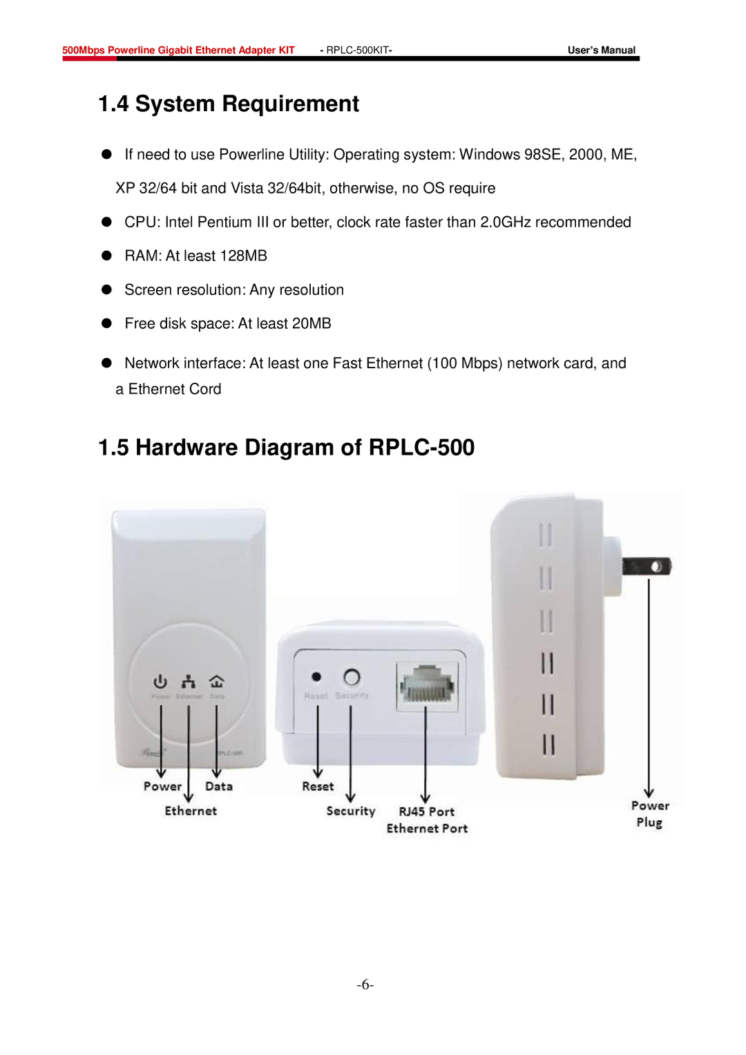 Rosewill user manual System Requirement, Hardware Diagram of RPLC-500 