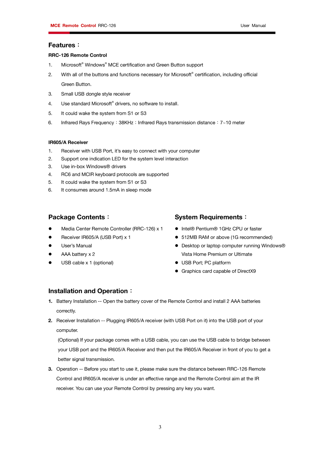 Rosewill RRC-126 user manual Features：, Package Contents：, System Requirements：, Installation and Operation： 