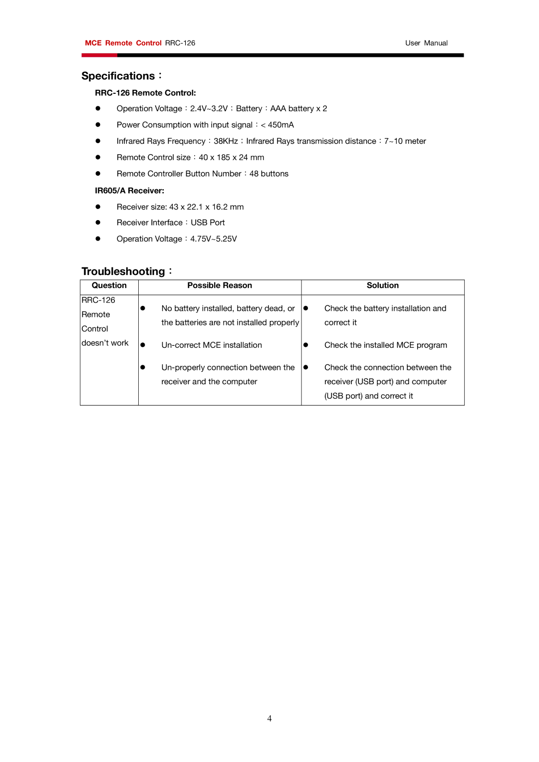 Rosewill RRC-126 user manual Specifications：, Troubleshooting：, Question Possible Reason Solution 