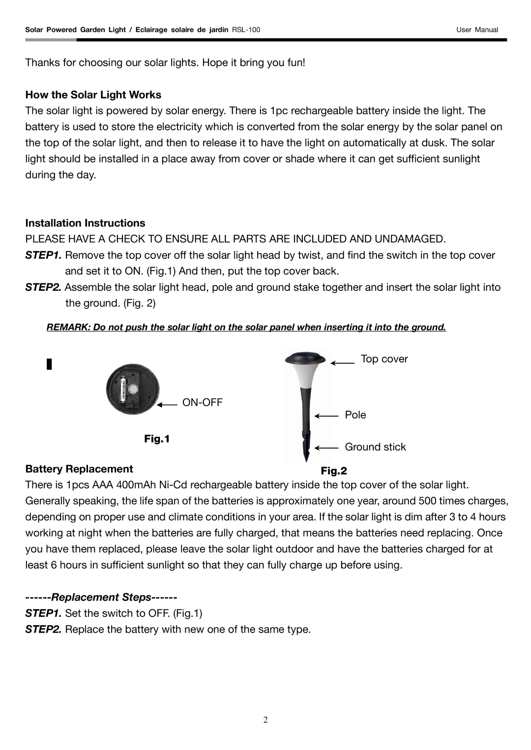 Rosewill RSL-100 user manual How the Solar Light Works, Installation Instructions, Battery Replacement, Replacement Steps 