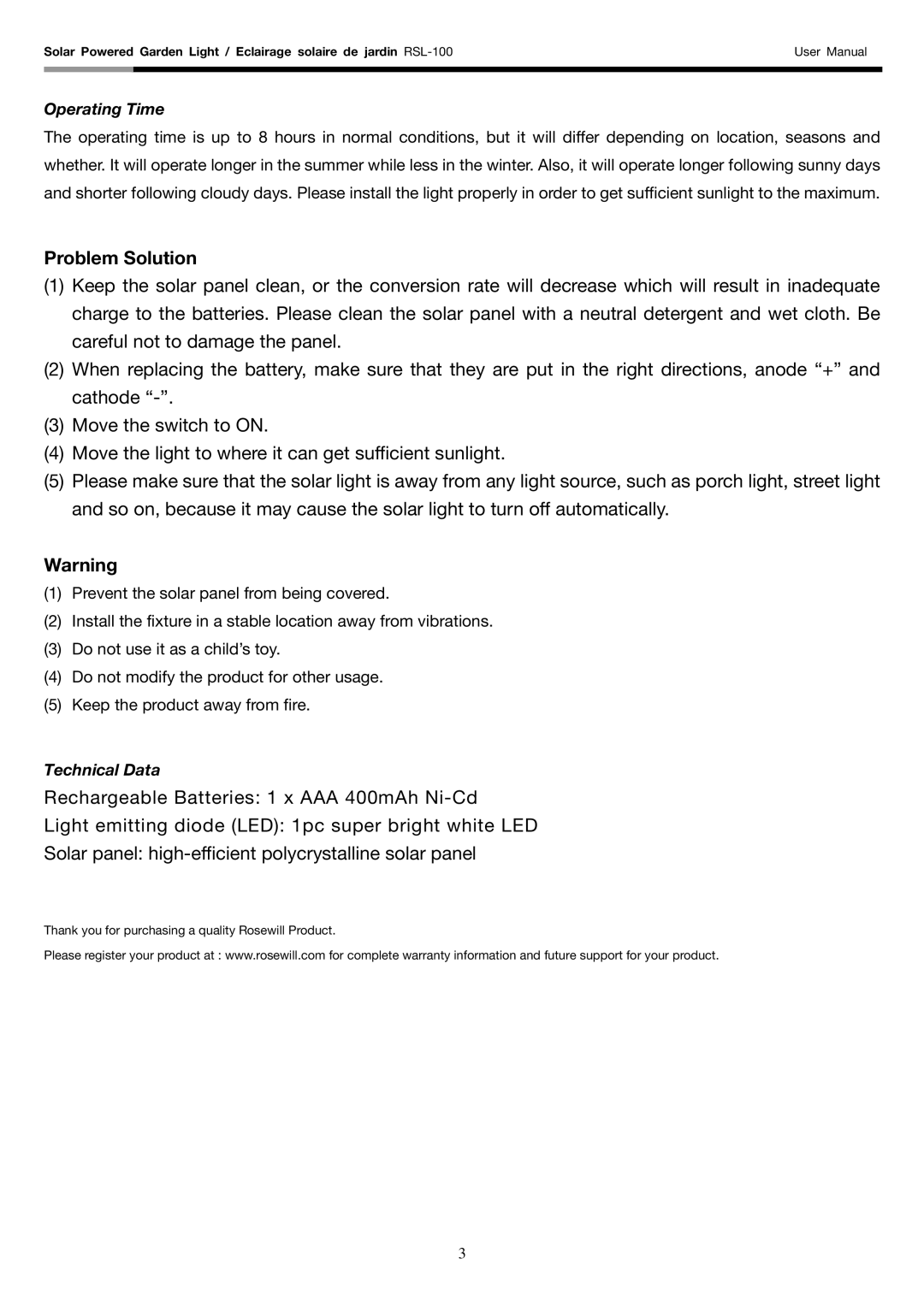 Rosewill RSL-100 user manual Problem Solution, Operating Time, Technical Data 