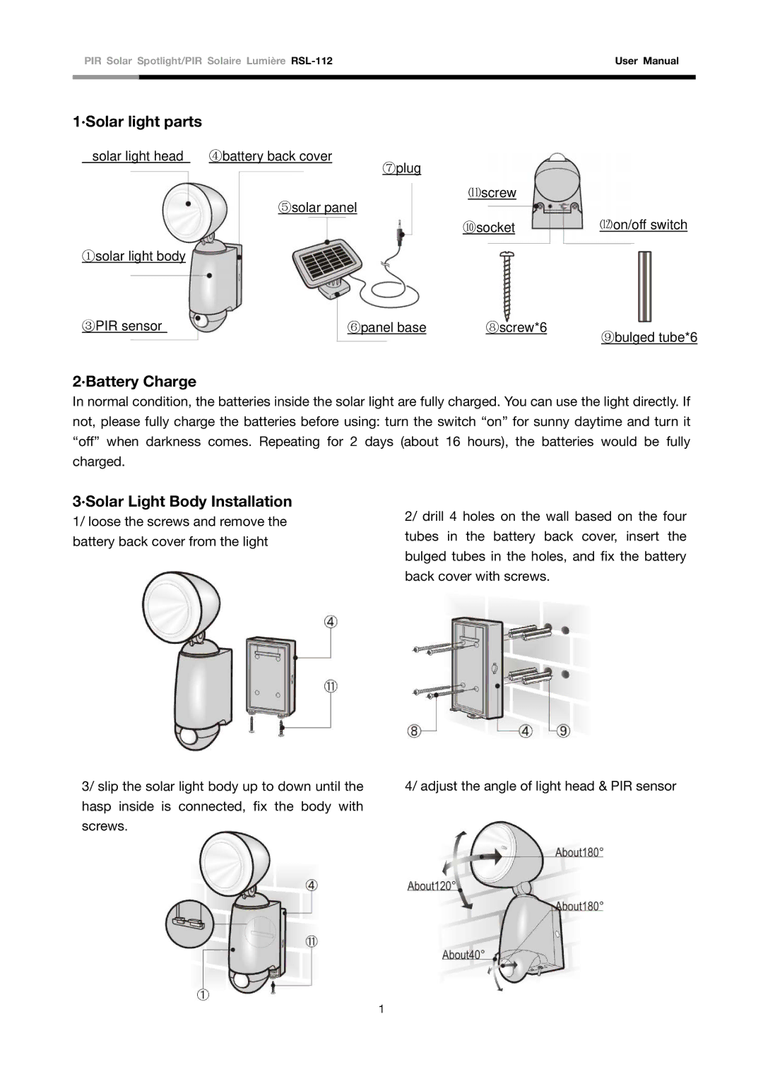 Rosewill RSL-112 user manual ·Solar light parts, ·Battery Charge, ·Solar Light Body Installation 