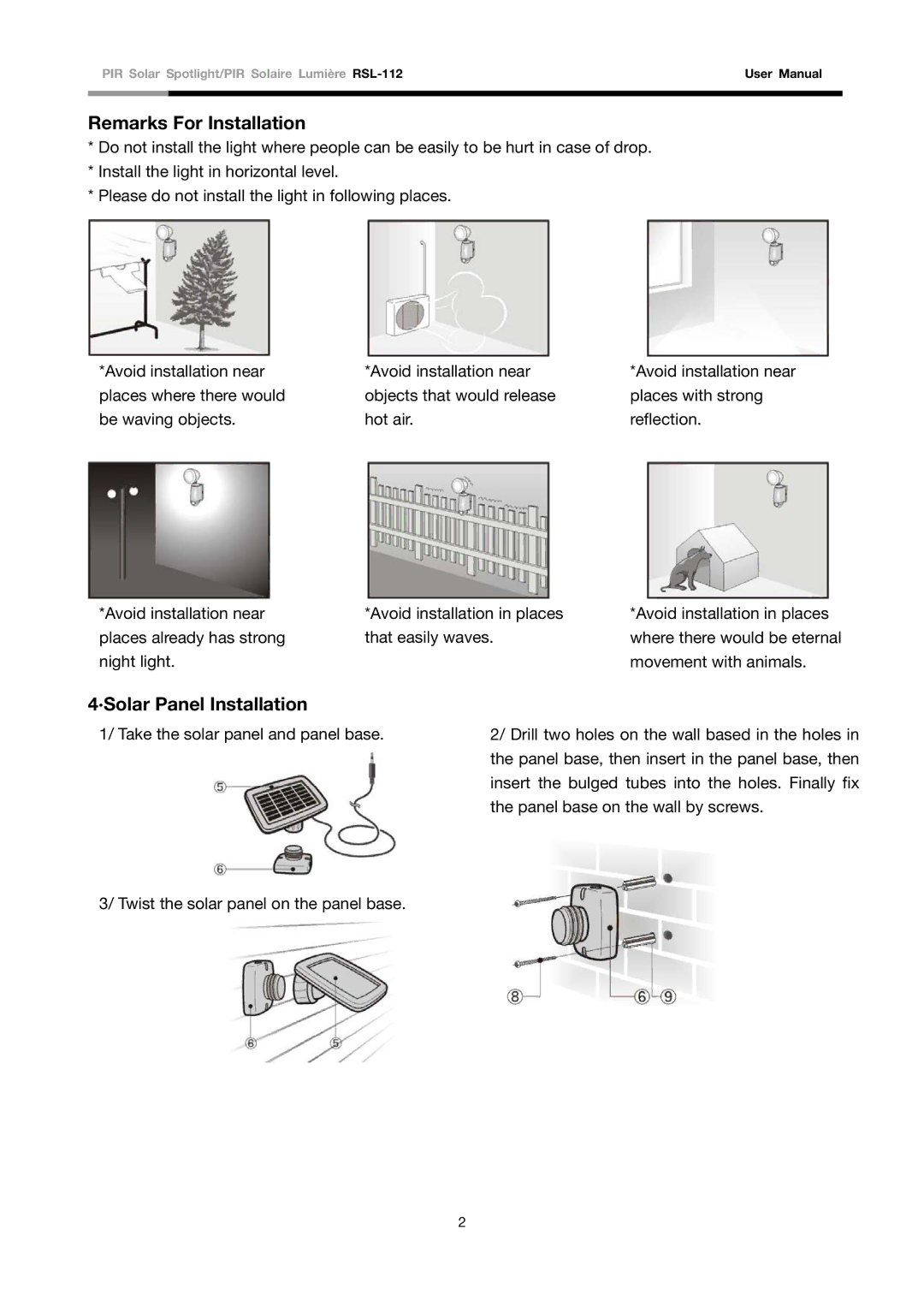 Rosewill RSL-112 user manual Remarks For Installation, ·Solar Panel Installation 